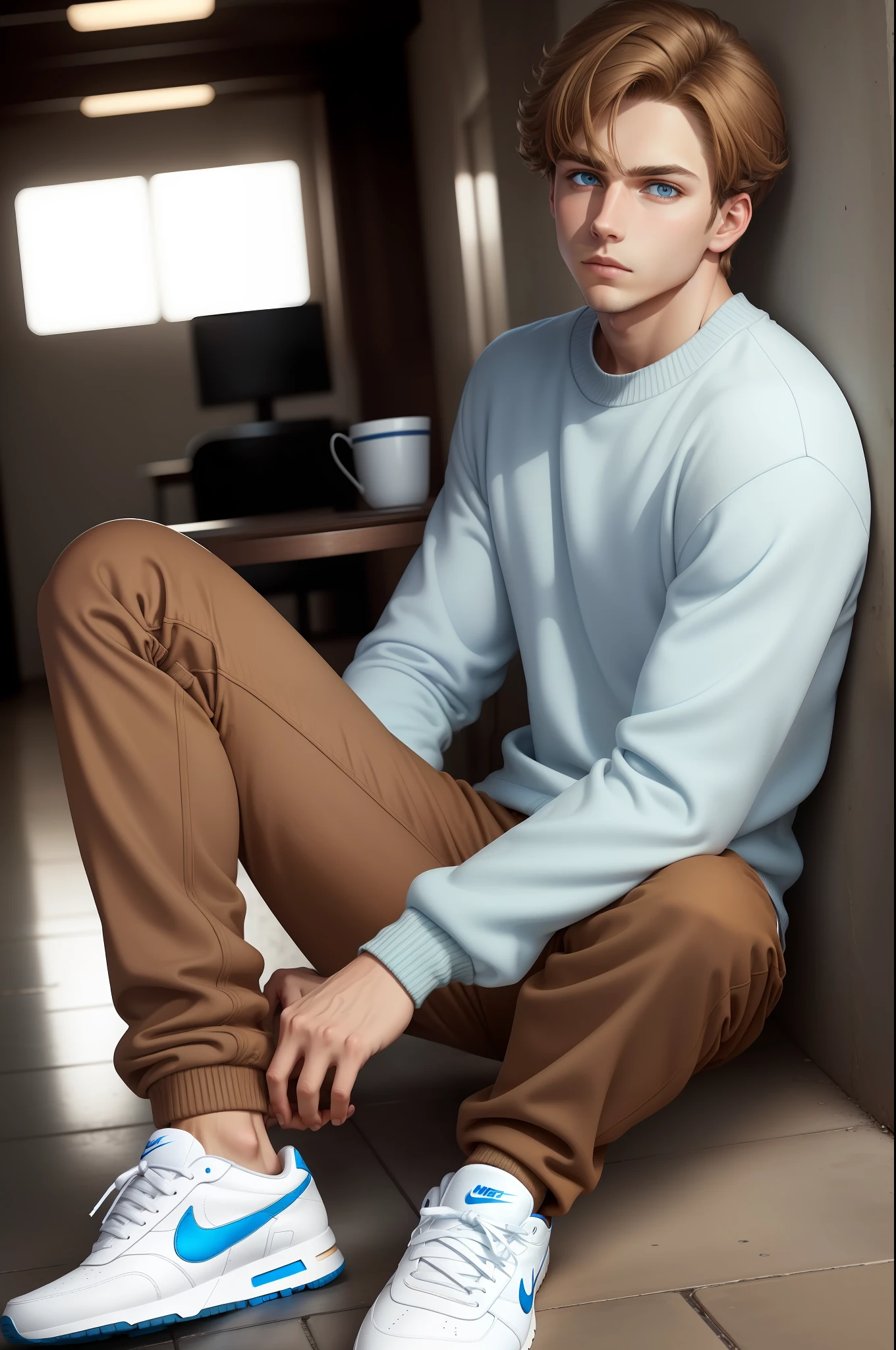 Aesthetic artwork, man, light brown hair, amber eyes, nonchalant expression, blank stare, light blue sweater, brown pants, white Nike shoes,