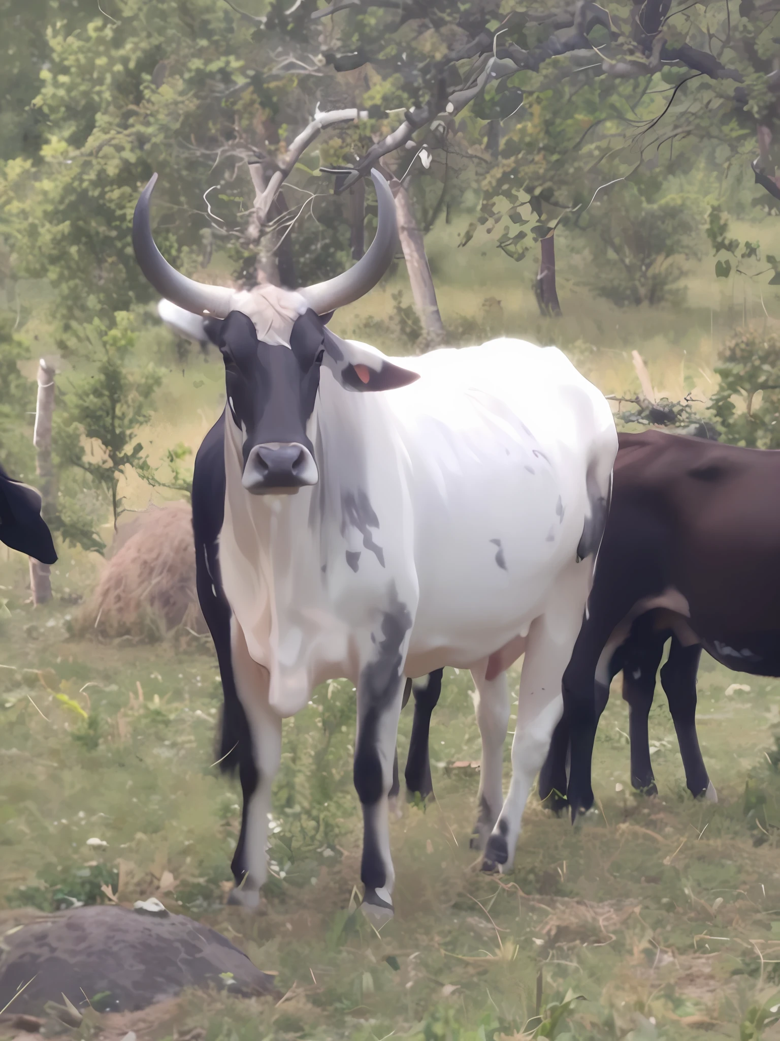 there are three cows standing in a field with trees in the background, an ox, bovine, that resembles a bull\'s, cow, half man half asian black bull, cow horns, cows, a horned, african sybil, various posed, random cows, face of an ox, 2 , white with chocolate brown spots, mid 2 0's female