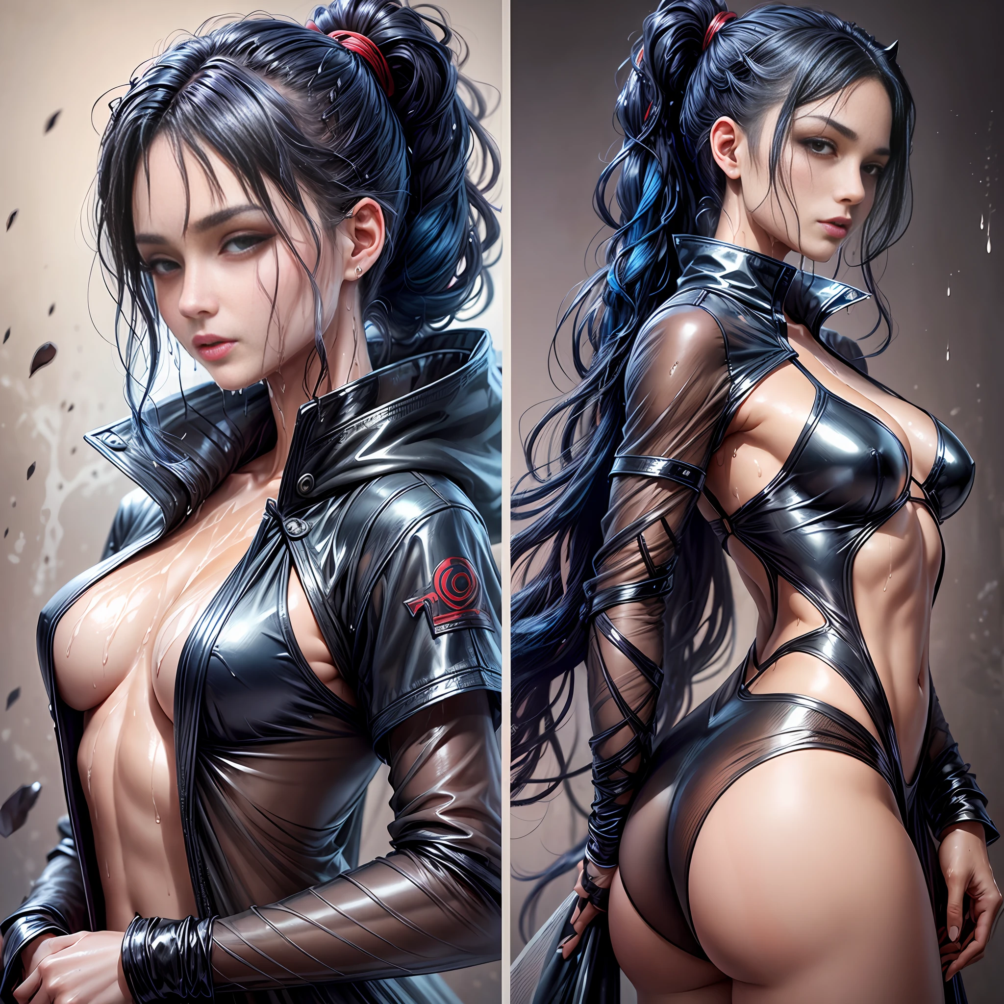 Public curly dark hair, Ponytail, beautiful female warrior, approximately 20 years of age, with a perfect body and dressed only organza transparent coat (see-through: 2.0) , The character has dark blue hair with red highlights, tied in a horse tail, and holds a short sword in her hand. I would like the drawing to be done in any graphic convention that fits the character’s nature, wet skin, (wet:2.0), shiny skin, transparent organza flowing coat, photorealistic: 2.0. Shiny skin, --auto --s2