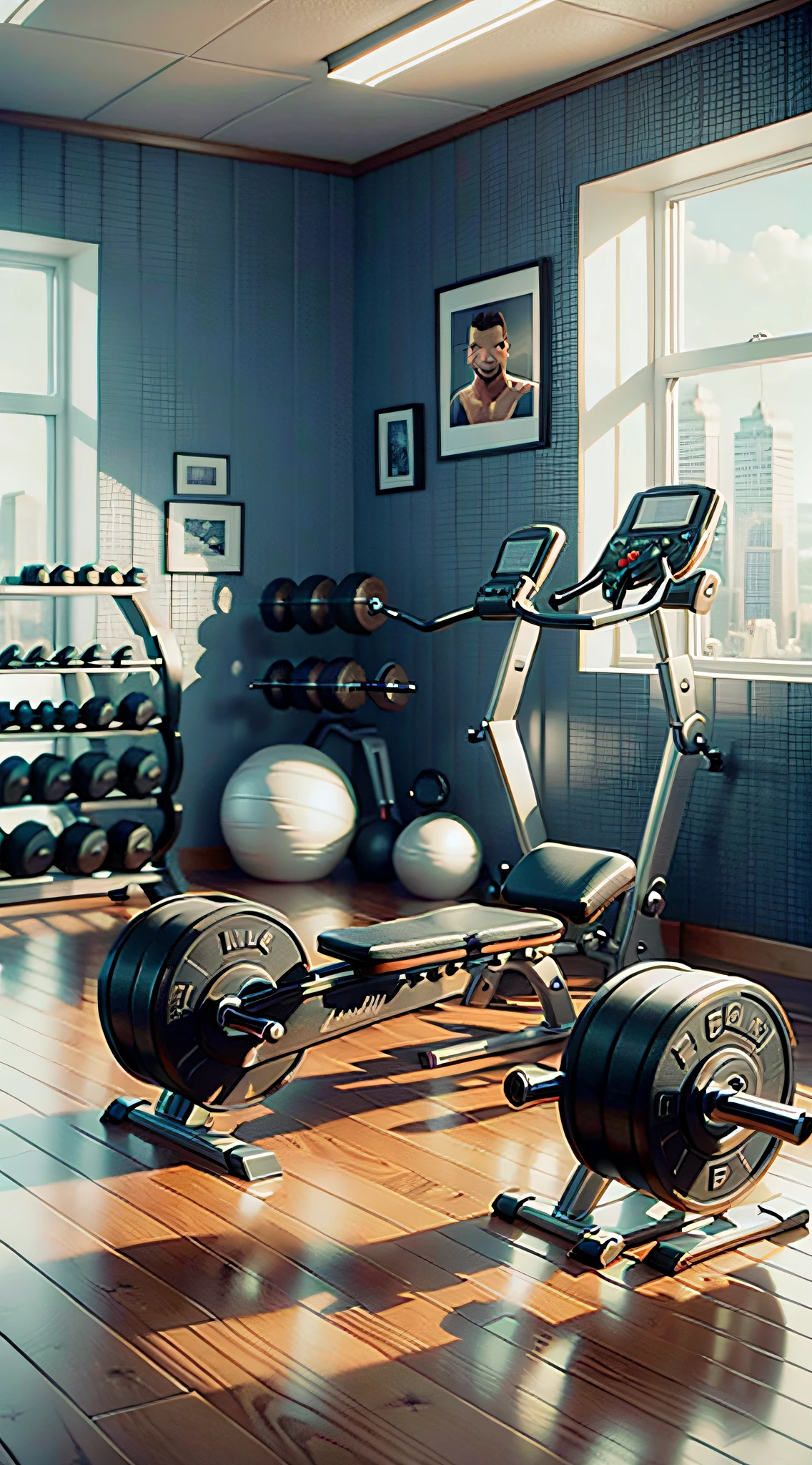 Chirs Bumstead inspired gym, realistic, masterpiece, 8k, top quality, stunning, creative, detailed.
