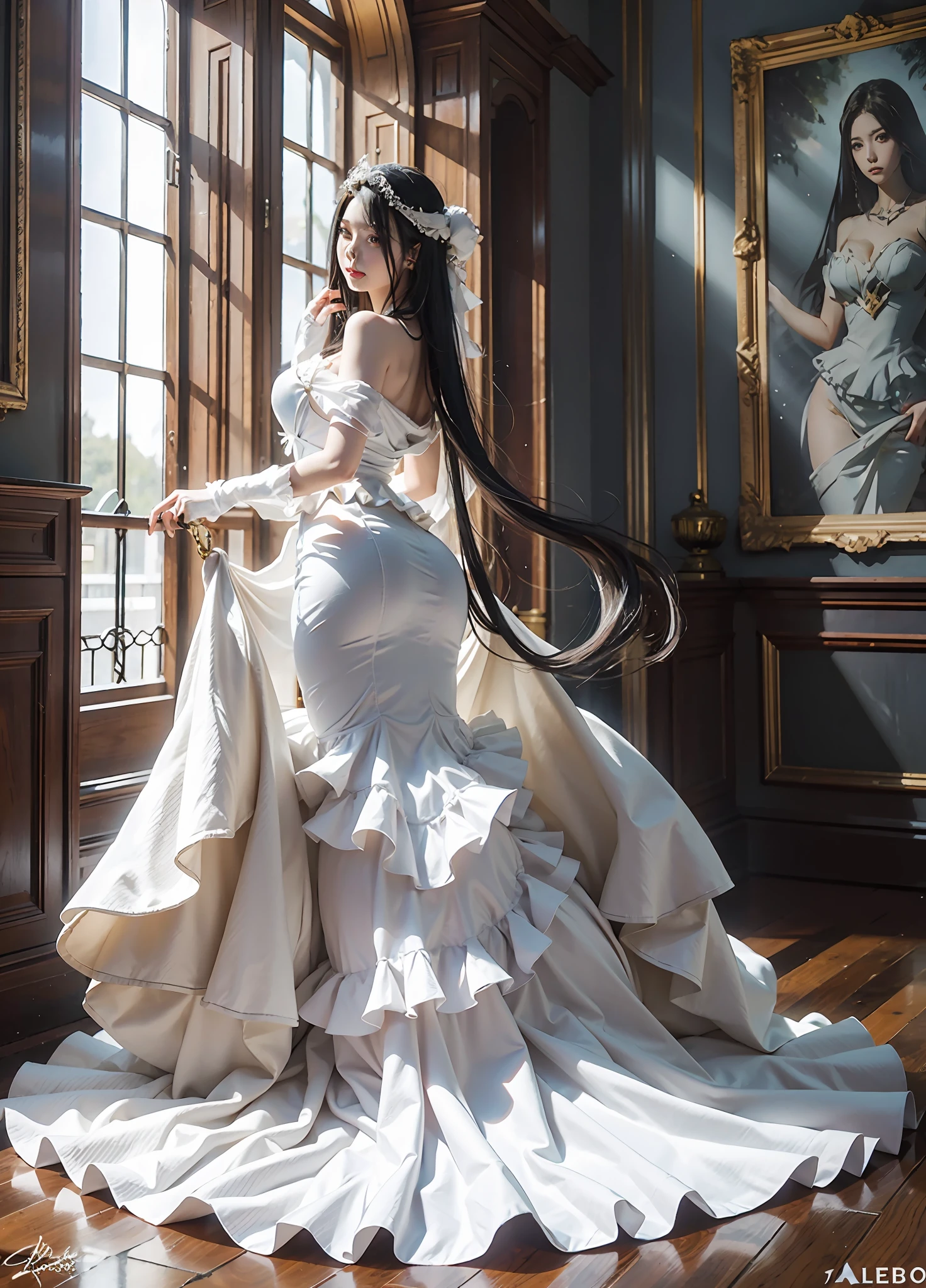 Albedo from Overlord, trending on Pixiv, trending anime hyperrealism, curvy but slender, signature white dress, signature pose in a mansion, majestic