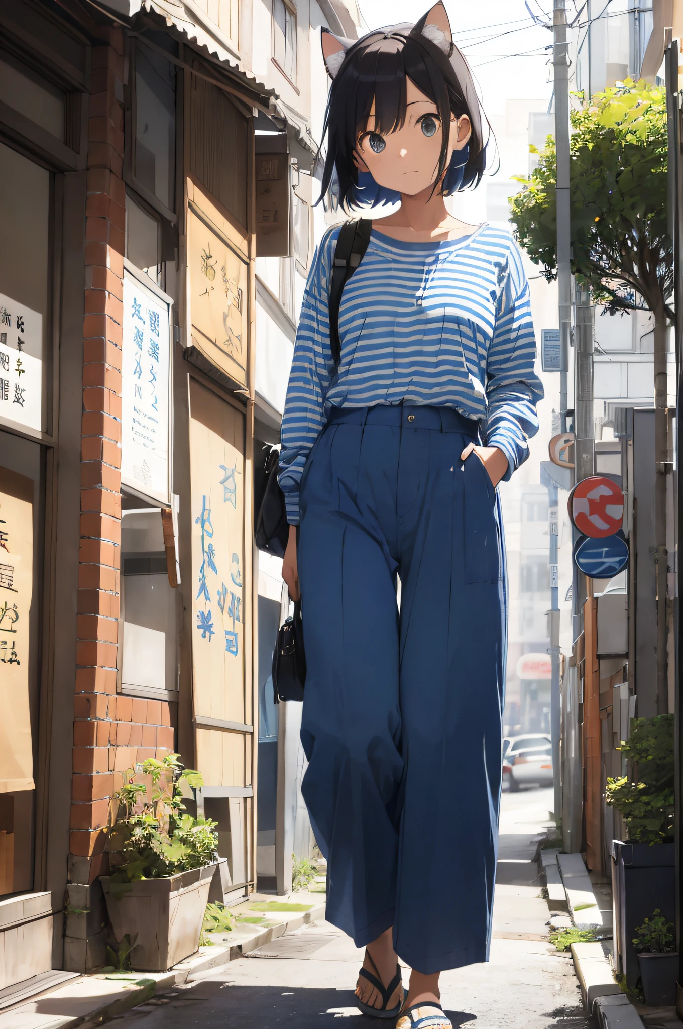 Cat eared woman standing in blue and white striped shirt and tanned pants, striped shirt, big trousers, advertising images, graphic prints, loose blouse, baggy trousers, beige shirt, modern casual clothes, wide leg hakama pants, long shirt, Tadashi Nakayama, coated pleats, cropped wide sleeves, yasumoto oka