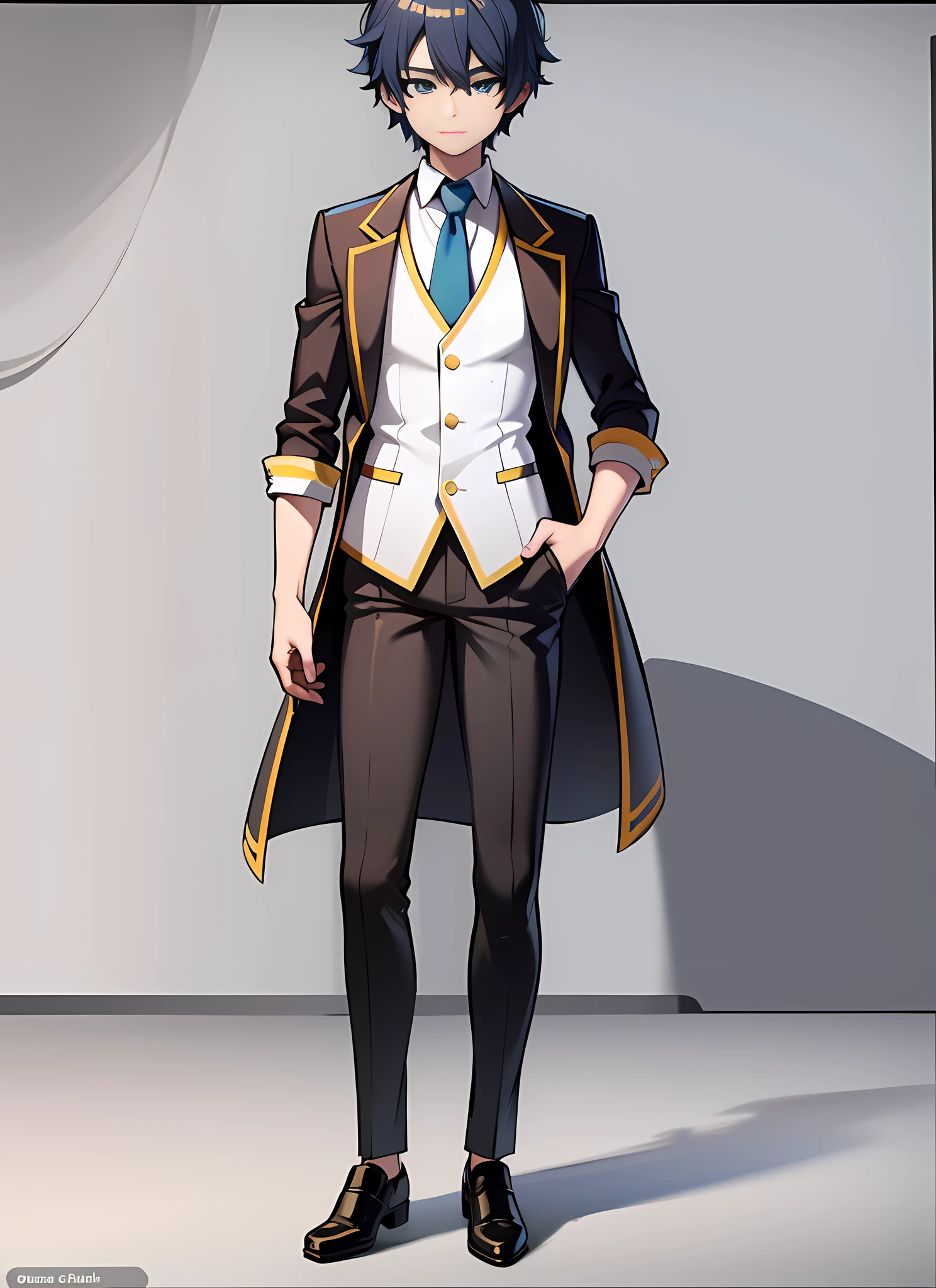 Full Body Vtuber, Full Body Portrait, Clear Face, Best Quality Masterpiece, ((male)), Looking at the audience, Stand looking directly at the audience, solo, blue eyes, (white sailor suit), (dark blue hair)), Short hair, Full body portrait, ((8k , RAW photo, highest quality, masterpiece), Professional photo, (best shadow), Ultra High Definition, Cinematic Light, High Detail CG Includes 8K Wallpapers, (Full)),