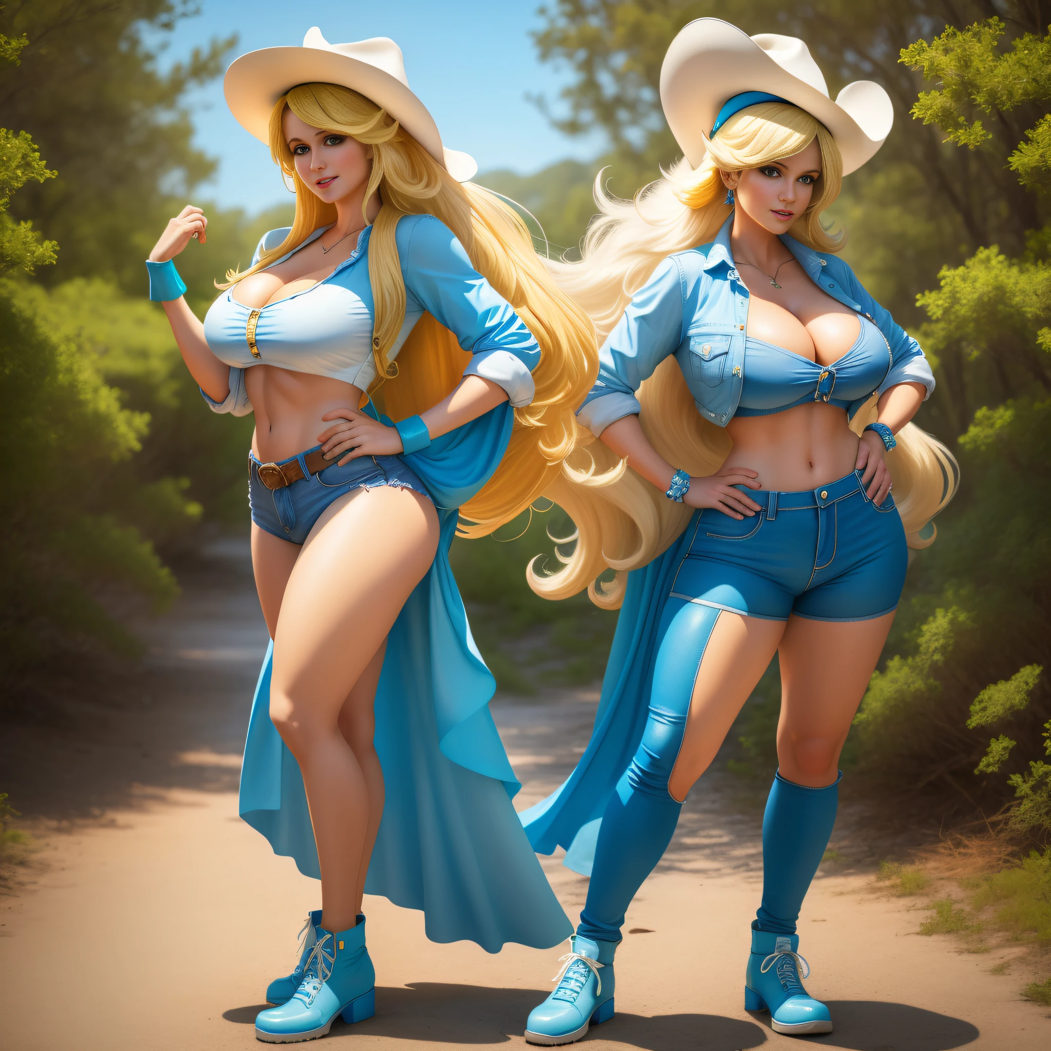 cowboy shot, Smurfette, 1980s \(style\), 1girl, long blonde hair, retro artstyle, long wavy hair, solo, The Smurfs, unbutton_shirt, (natural_breasts:1.2), medium_breasts, cleavage, full body shot, white top, model pose, shoes visible, ass view, face view, multiple views