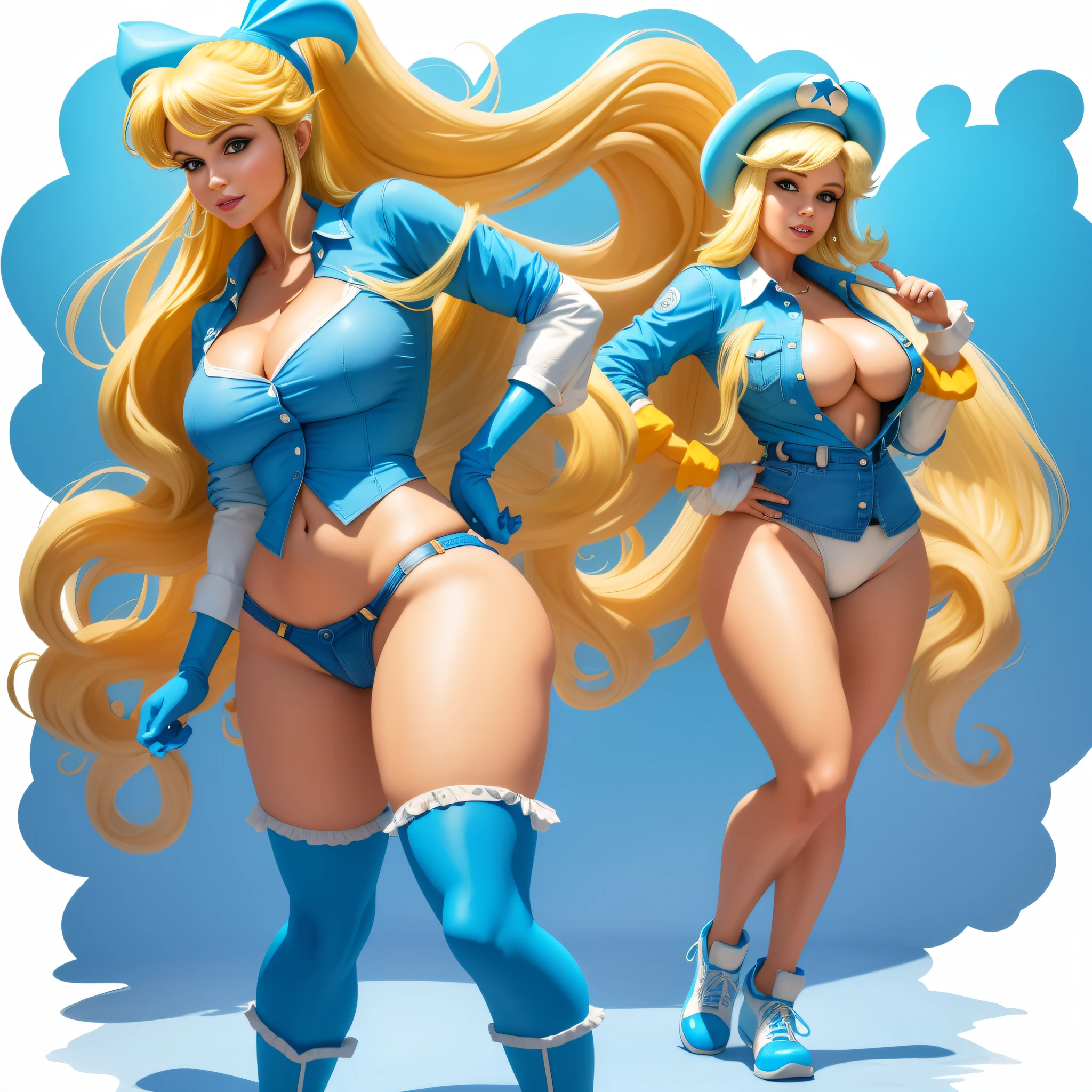 cowboy shot, Smurfette, 1980s \(style\), 1girl, long blonde hair, retro artstyle, long wavy hair, solo, The Smurfs, unbutton_shirt, (natural_breasts:1.2), medium_breasts, cleavage, full body shot, white top, model pose, shoes visible, ass view, face view, multiple views