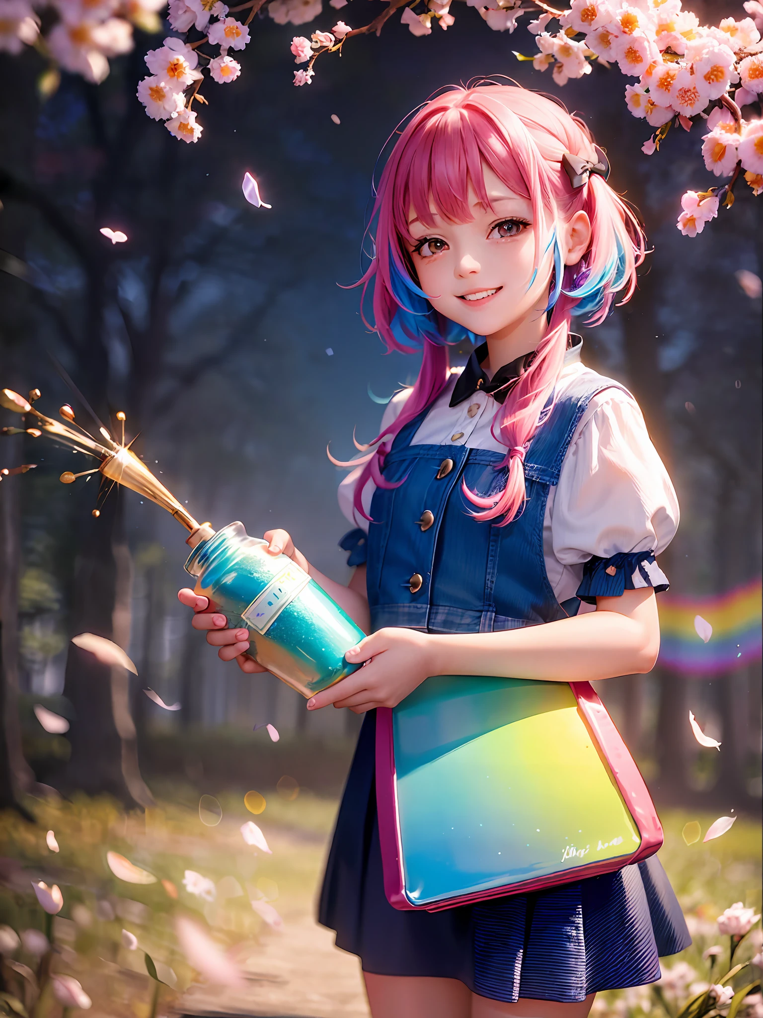 A girl standing with a beaming smile on her face, holding the jar of magic paint in her hands. It is surrounded by a magical and colorful environment, with colorful flowers, vibrant trees and a sky full of rainbows. 4k resolution