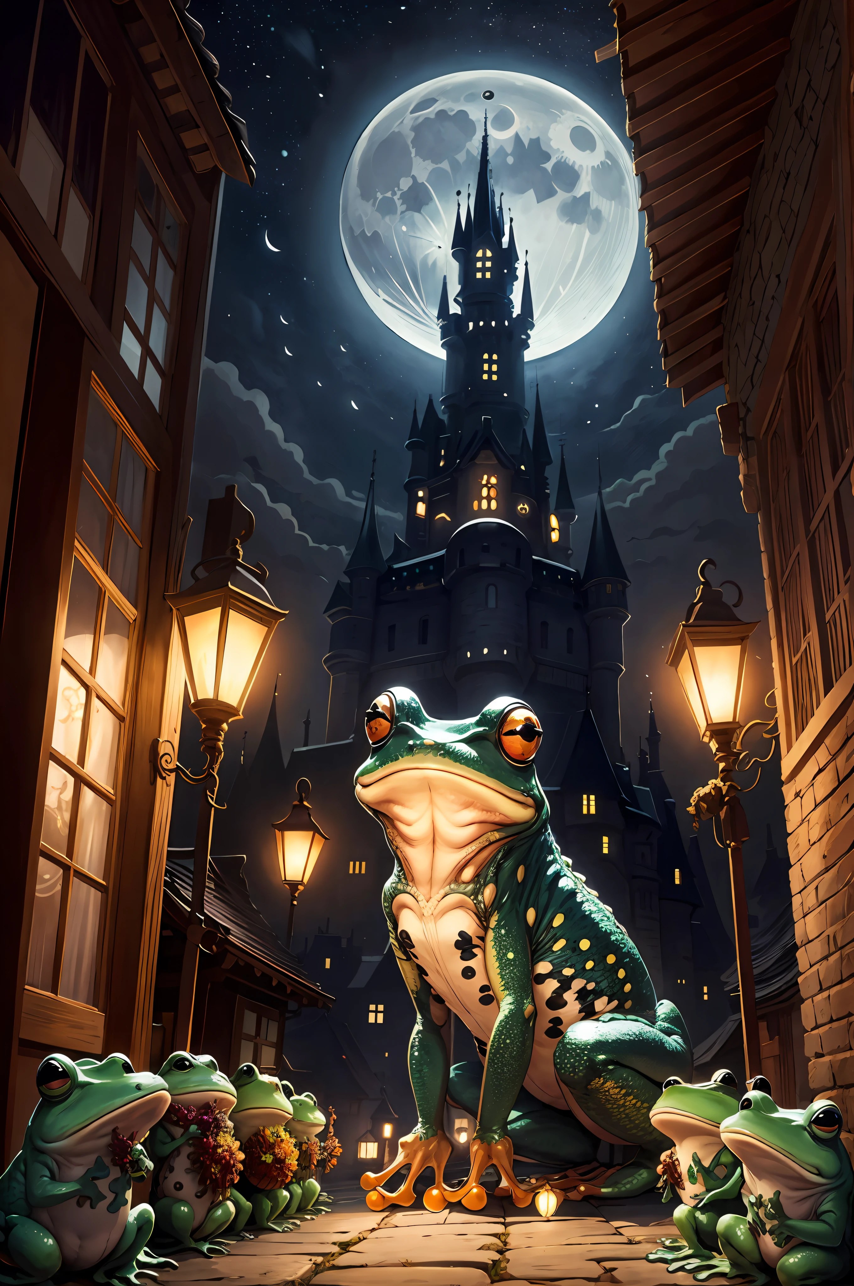 Huge frogs, night falling, moon, night, lanterns, streets, castles as background