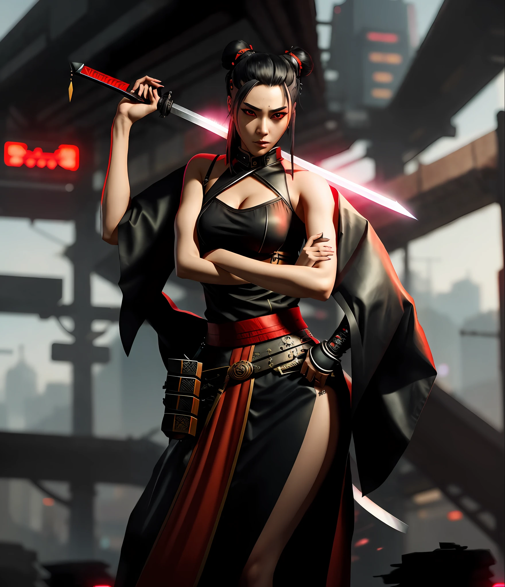 Arafed woman in a black top and skirt holding a sword, very cute cyberpunk samurai, cyberpunk geisha, angry cyberpunk beautiful goddess, beautiful angry cyberpunk druid, cyberpunk samurai, katana zero video game character, portrait of a cyberpunk samurai, seductive cyberpunk dark fantasy, cyberpunk 2 0 y. The girl model, cyberpunk style, cyberpunk women, trend in cgsociety Asian cyberpunk woman with black top and wide red calsa black hair tiper in two buns. It has four cybernetic arms and two katanas sheathed at the waist. She looks bored