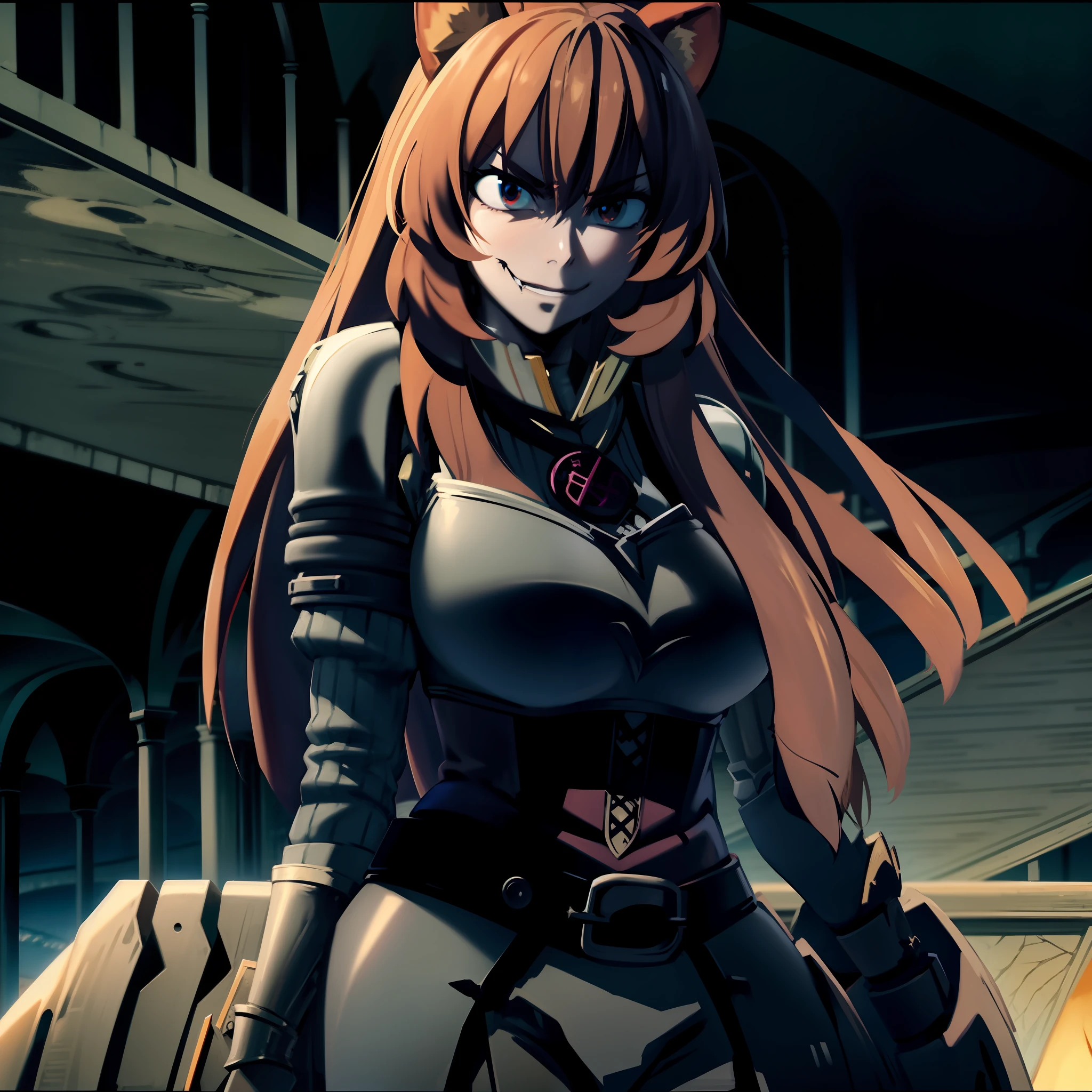 evil raphtalia, evil smile, black armor, angry facial expressions