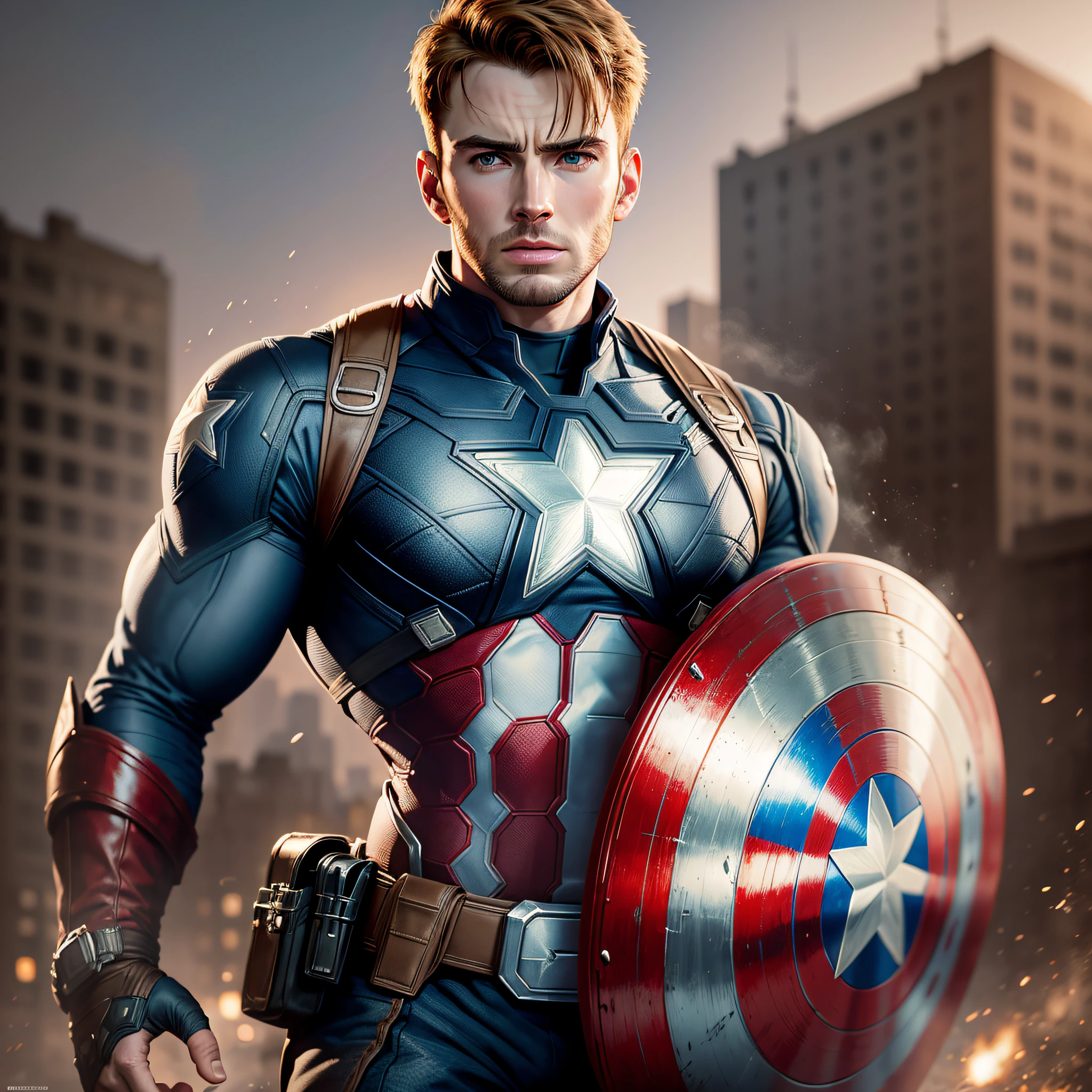 Portrait of Captain America, saving Earth to fight aliens, sharp focus, movie lighting, best quality, masterpiece, ultra realistic, Chris Evans, --auto --s2