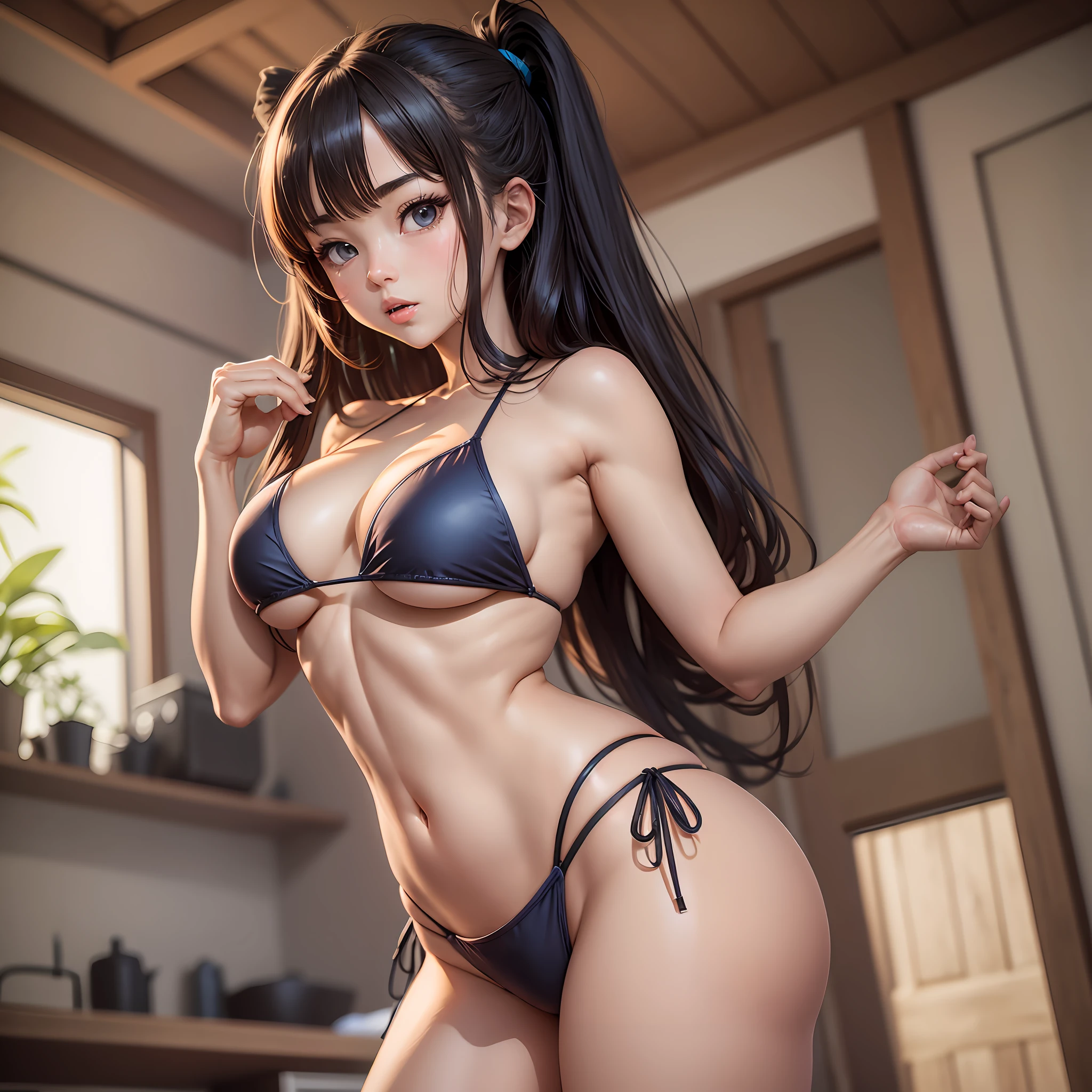 anime girl showing her body, in small bikini, showing a lot of body, sexy, beautiful, sensual, exciting, mocking look, big tits and ass, small bikini: showing chest, big tits and ass --auto --s2