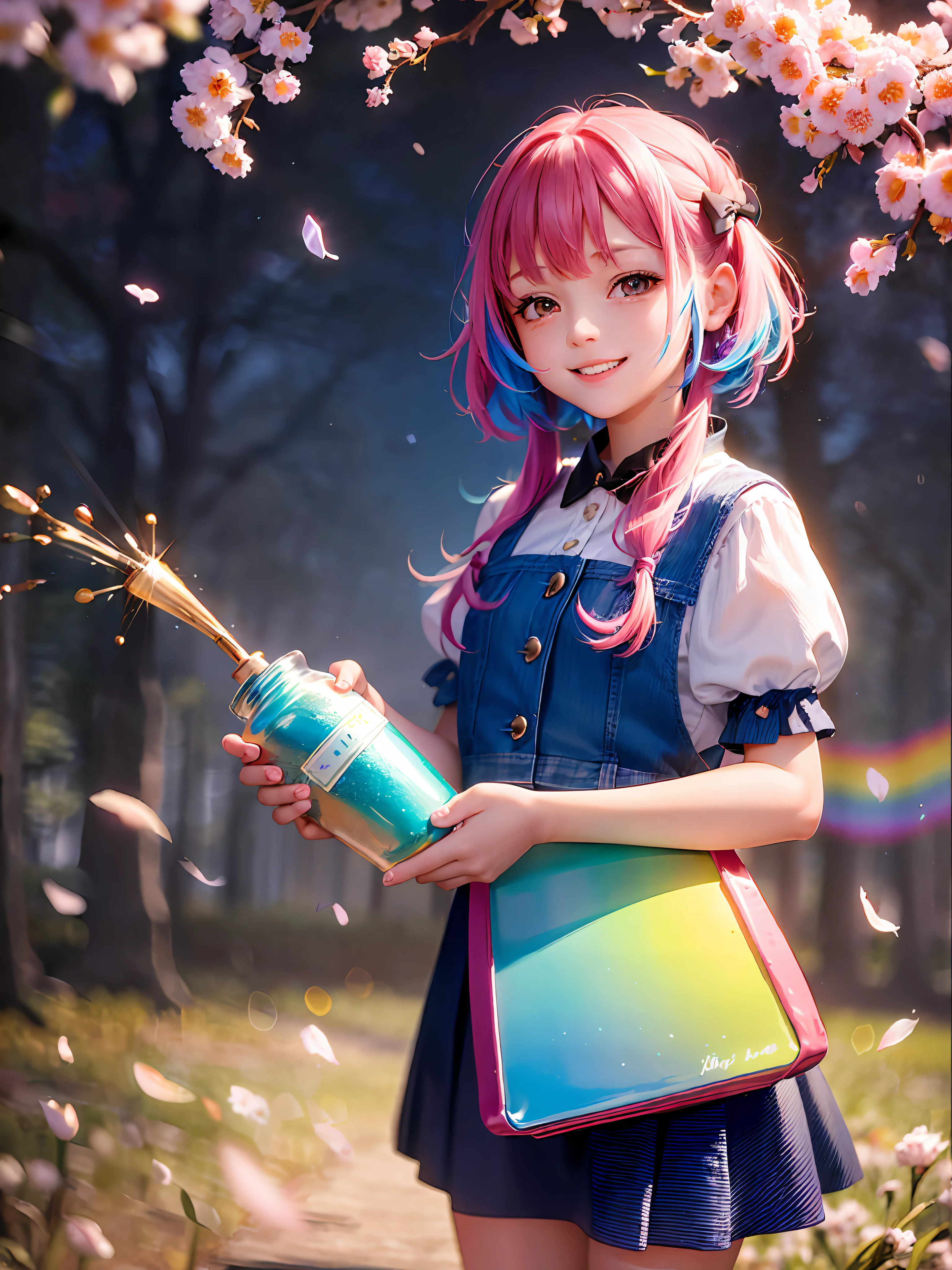 A girl standing with a beaming smile on her face, holding the jar of magic paint in her hands. It is surrounded by a magical and colorful environment, with colorful flowers, vibrant trees and a sky full of rainbows. 4k resolution