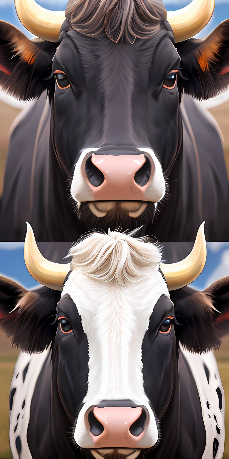 Closeup an ox, bovine, that resembles a bull\'s, cow, Asian black bull, cow horns, cows, a horn, African sybil, several posed, face of an ox, 2 years old, white with gray chocolate spots, ultra realistic 4k --auto --s2