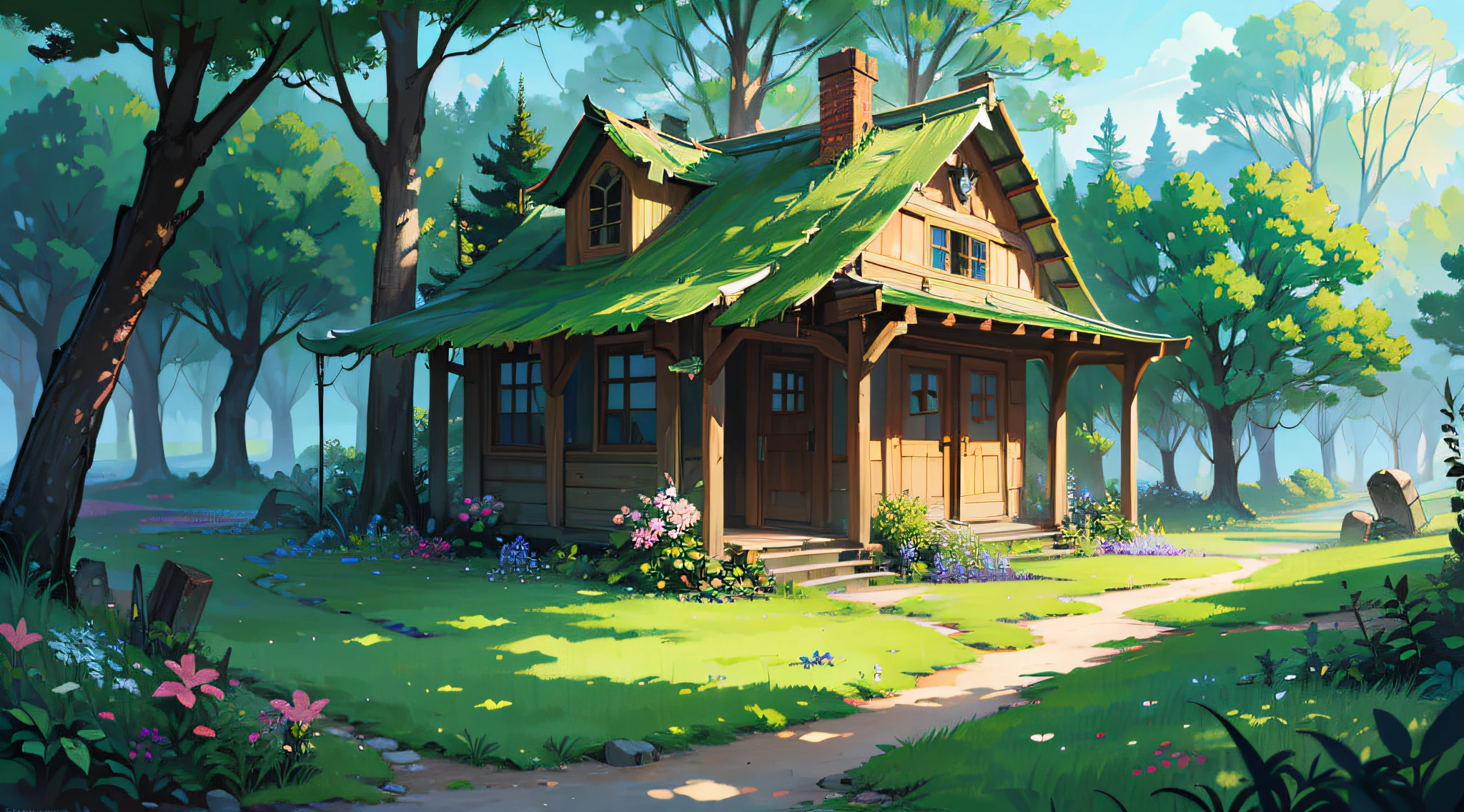 Masterpiece, best quality, (very detailed CG unit 8k wallpaper) (best quality), (best illustration), (best shadows) green fields, valley, forest, small rustic hut in broken ruins, delicate leaves of petals of various colors falling into the air, masterpieces, HD, high quality, best quality, highres, high quality, high details, masterpiece, anime style --v6