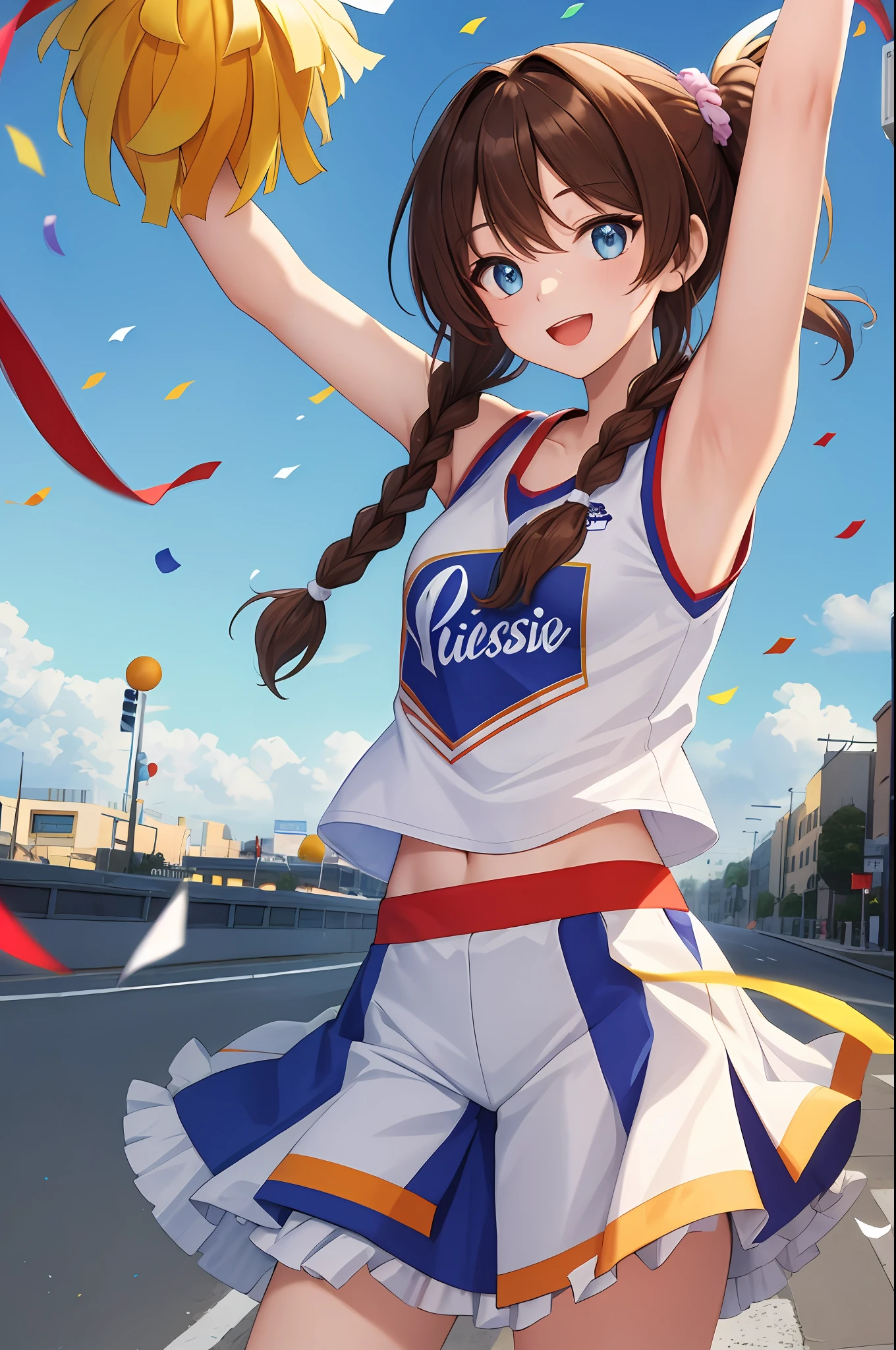 (masterpiece:1.5), illustration, 4k, 8k, (high quality:1.1), highly detailed, detailed face, HDR, vivid colors, natural lighting, pretty eyes, detailed eyes, colorful eyes, beautiful face, 1girl, long hair, messy hair, brown hair, twin braids, scrunchie, hair ornament, cheerleader, sleeveless, t-shirt, pom poms, cheering, standing on the side of a main road, spread arms, ((confetti)), smile, open mouth, establishing shot