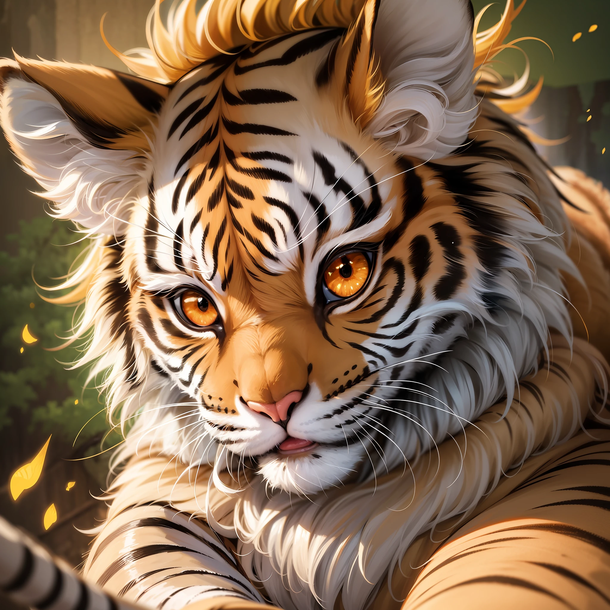 Granular, very detailed, intricate details, dynamic lighting, realism, cinematic, natural lighting, m0nst3rfy3, tiger cub, golden glowing eyes, :P, (fluffy: 1.2), --auto --s2