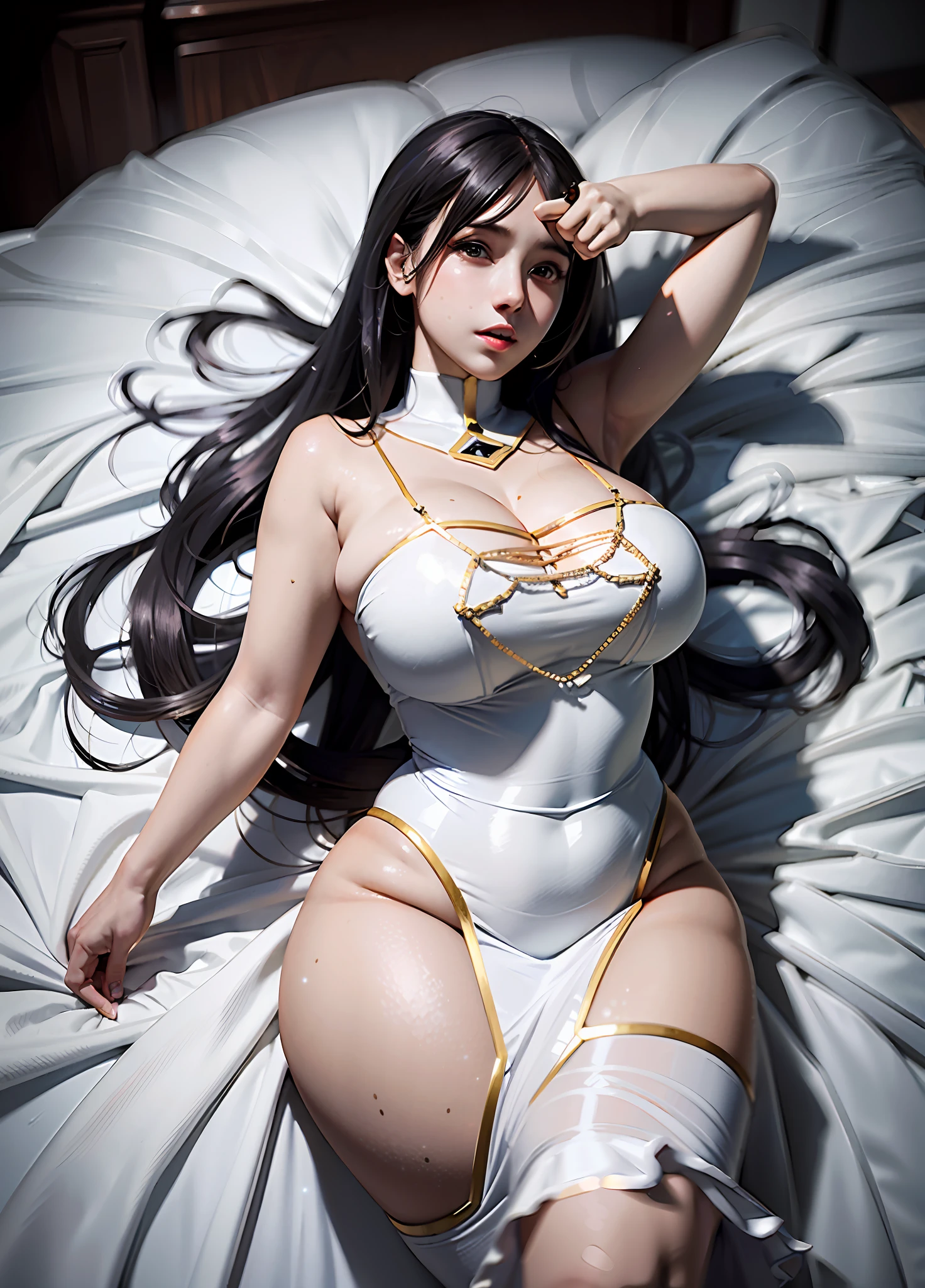 Albedo from Overlord, trending on Pixiv, trending anime hyperrealism, curvy but slender, signature white dress, signature pose in a mansion, majestic, abstract