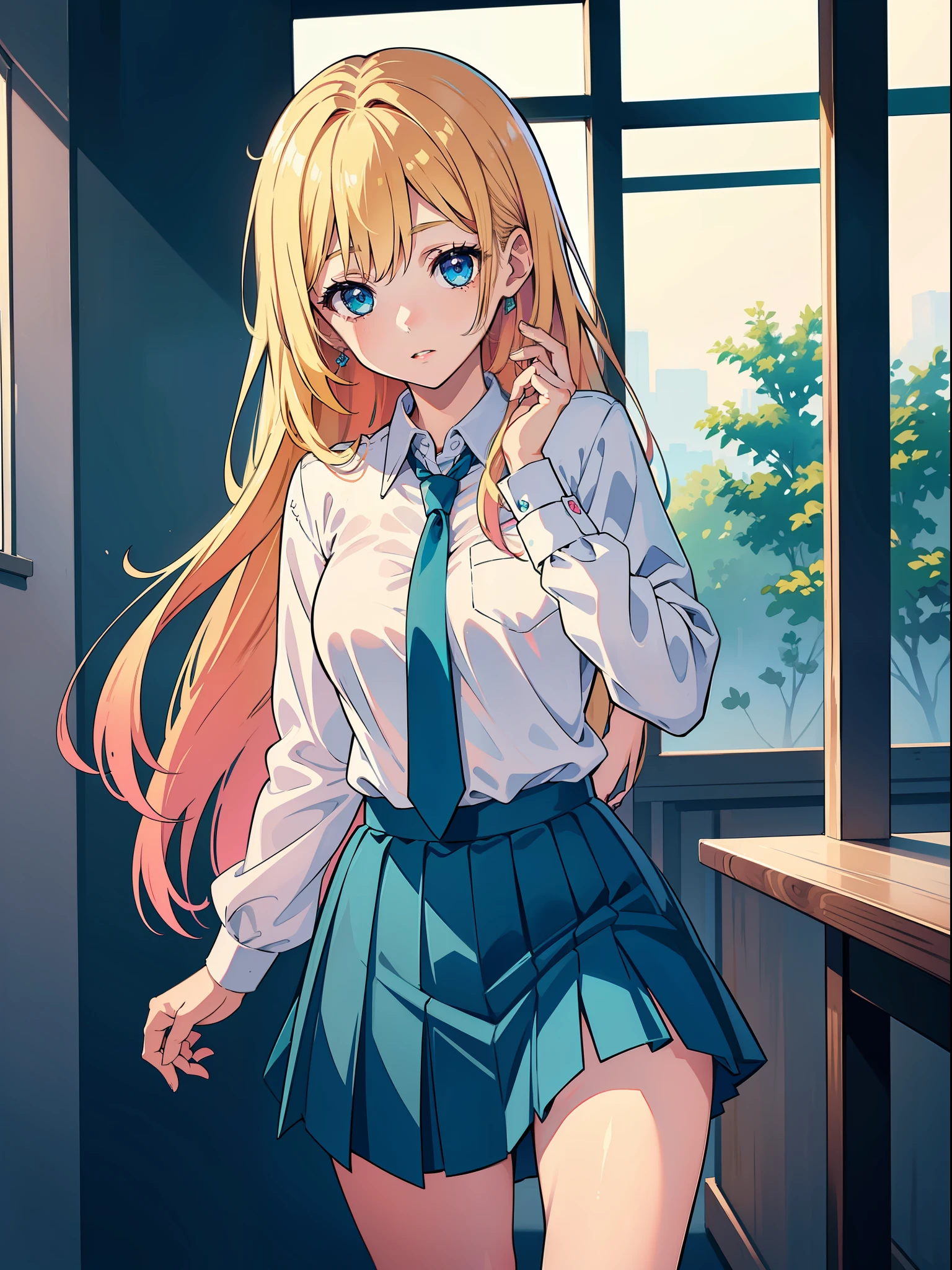 (masterpiece:1.2, best quality), (finely detailed beautiful eyes: 1.2) age 20, solo, female, anime girl, blue eyes, shining eyes, blonde hair and pink highlights, standing straight, teal and white shirt and tie, skirt