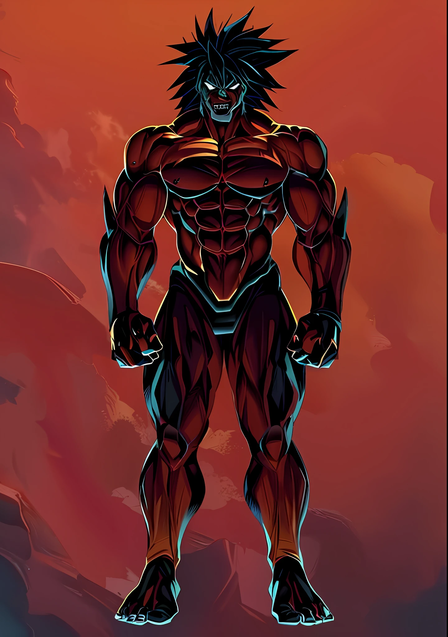 a cartoon of a muscular man with a muscular body, full body concept, full body savage devilman, muscular character, detailed full body concept, humanoid form, muscular!! sci-fi, muscular characters, as an ugly titan, muscular male undead cyborg, muscular!!, full - body - front - shot, muscular werewolf, cell shaded adult animation, powerful stance