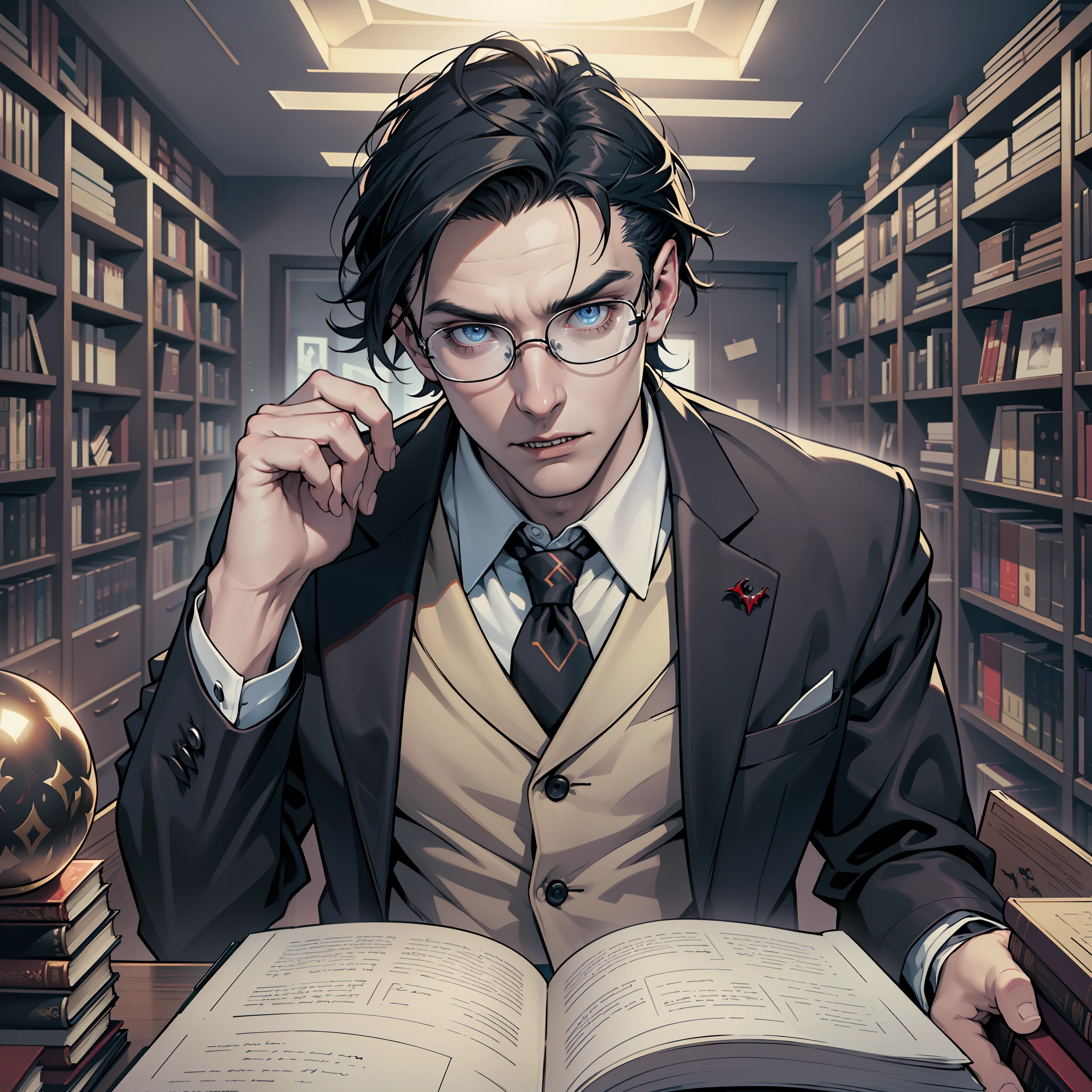 (extremely detailed 8k wallpaper), Vampire the Masquerade, modern horror, 2020s, young man, wearing expensive designer suit, sharp focus, (subsurface scattering:1.1), award-winning photography, centered face, Cillian Murphy's face, (((a Malkavian vampire))), half-body shot:1.1, short black hair, otherworldly blue eyes, expression of curiosity, doctor's glasses, luxury psychiatry room with divan and many books on shelves, dramatic lighting --auto --s2