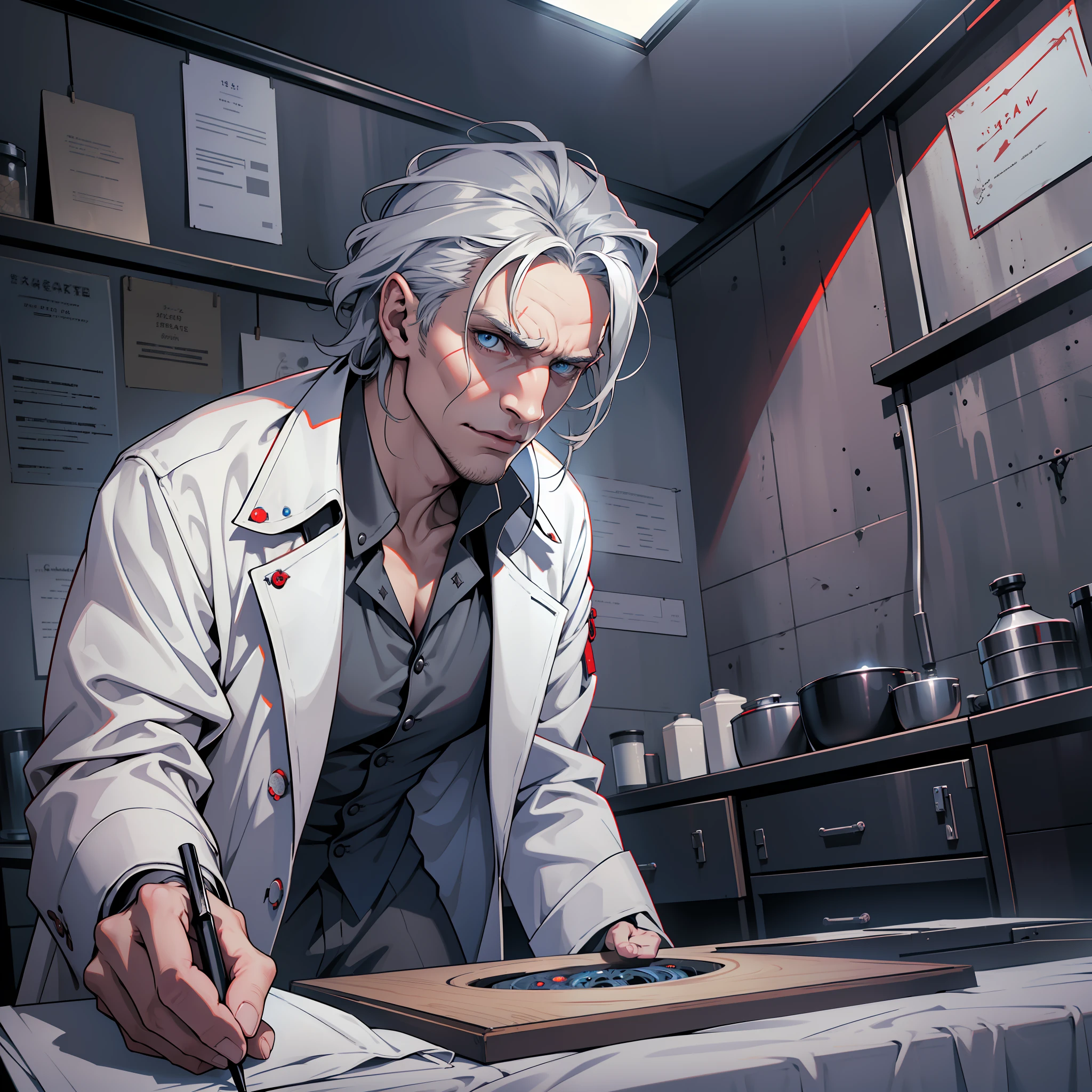 (extremely detailed 8k wallpaper), dark theme, Vampire the Masquerade, modern horror, 2020s, middle age man, wearing white coat from private morgue, sharp focus, (subsurface scattering:1.1), award-winning photography, centered face, Liam Neeson's face, (((a Hecate vampire))), half-body shot:1.1, gray hair, otherworldly blue eyes, serious expression, morgue room interior, next to autopsy table, dramatic lighting --auto --s2