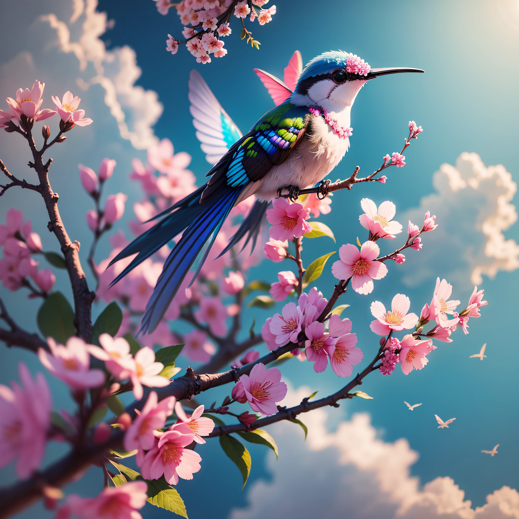 flower cherry tree hummingbird sky blue sun --auto --s2