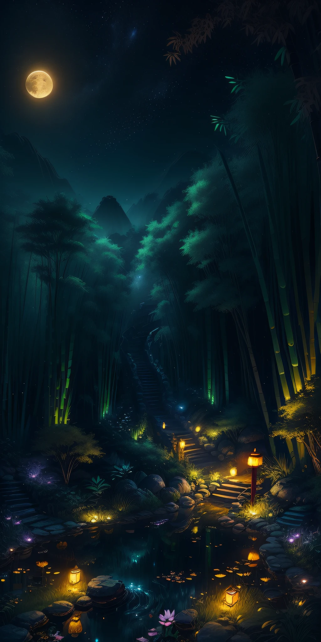 Masterpiece, best quality, (very detailed CG unity 8k wallpaper), (best quality), (best illustration), (best shadows), luminous sprite, ((ancient Chinese architecture)), mountain, stream, clear water near the lake, yellow moon reflected in the water, natural elements in a forest theme. nocturnal bamboo Mysterious forest, yellow fireflies in the air, beautiful night forest, one pink lotus in the water, bamboo, stone steps, stone bridge, nocturnal nature surrounded by night flowers, leaves and branches surrounded by fireflies (natural elements), (night blackout), (night dark sky), (night bamboo forest theme), (green glowing grass), (leaves), (branches), (yellow fireflies), (particle effects), 3D, dark background, Octane rendering, ray tracing, super detailing, night, moon