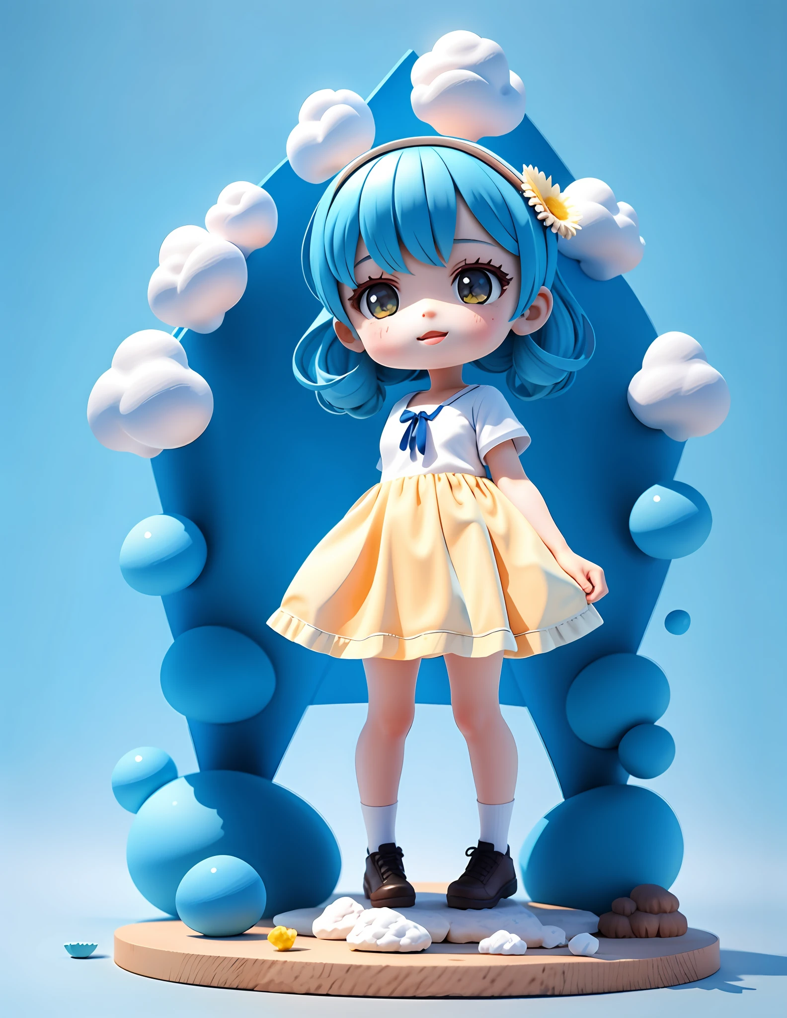 ((1girl)), 3d render, blender, c4d, 4k wallpaper, ((fullbody:1.1)), 1girl, chibi, simple pattern background, soft box shading, (masterpiece), best quality, (kawaii:1.1), (cute), (high resolution:1.2), incredibly absurdres:1.3, incredibly fine, chibi girl,, cute girl, girl opening a (golden giant treasure box), box filled with (blue roses), modern setting. She has a look of surprise on her face, as if she has just stumbled upon something magical, bright and natural lighting, sunshine , indoor lighting, modern outfit, trendy blouse, loose and voluminous hairstyle, character focus, simple pose, clay texture, popmart blind box, collectible toy, ((color palette: sky blue, dark muted blue, white, black)), product display, stand, diorama background, big giant cheese pieces, white milk splashes, triangle shape cheese with wholes