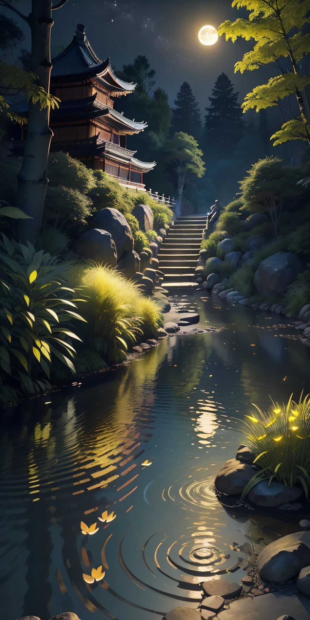 Masterpiece, best quality, (very detailed CG unity 8k wallpaper), (best quality), (best illustration), (best shadows), luminous sprite, ((ancient Chinese architecture)), mountain, stream, clear water near the lake, yellow moon reflected in the water, natural elements in a forest theme. night bamboo Mysterious forest, yellow fireflies in the air, beautiful night forest, pink lotus in water, bamboo, stone steps, stone bridge, night nature surrounded by night flowers, leaves and branches surrounded by fireflies (natural elements), (night blackout), (night dark sky), (night bamboo forest theme), (yellow grass), (leaves), (branches), (yellow fireflies), (particle effects), 3D, dark background, Octane rendering,  ray tracing, super detail, night, moon