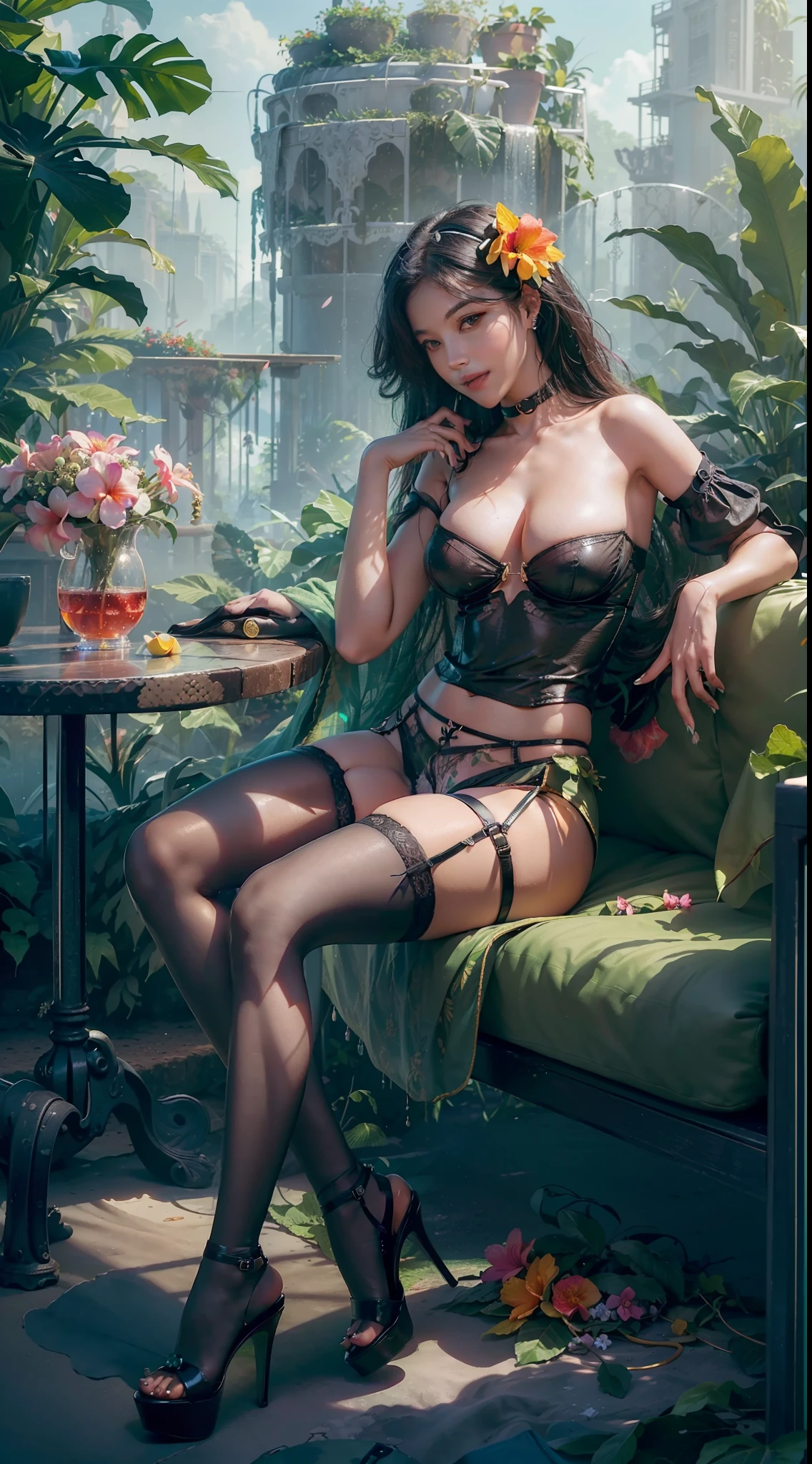 ((SFW)),Masterpiece, High Quality, Photorealistic, Cinematic Direction, High Contrast, Depth of Field, Award-Winning Difference Photography, Girl sitting on a large sofa in the middle of a greenhouse with tropical vegetation, numerous colorful flowers in bloom, and all kinds of tropical fruits in bloom, a giant snake wrapped around a woman, (Dazzling sunlight: 1.3), summer, ( Summer Sky), (((Flowers)), Colorful Background, ((Fruits)), Colorful Fruits, (Dazzling Glow: 1.4), Smile, (Invincible Smile), Glare at the Bushes, Watch the Viewer, (Big: 1.2), Big Bust, Facing Front, (((Black Underwear, Black High Heels, Black Garter Belt, Black Stockings: 1.5)), (Long Legs: 1.5)
