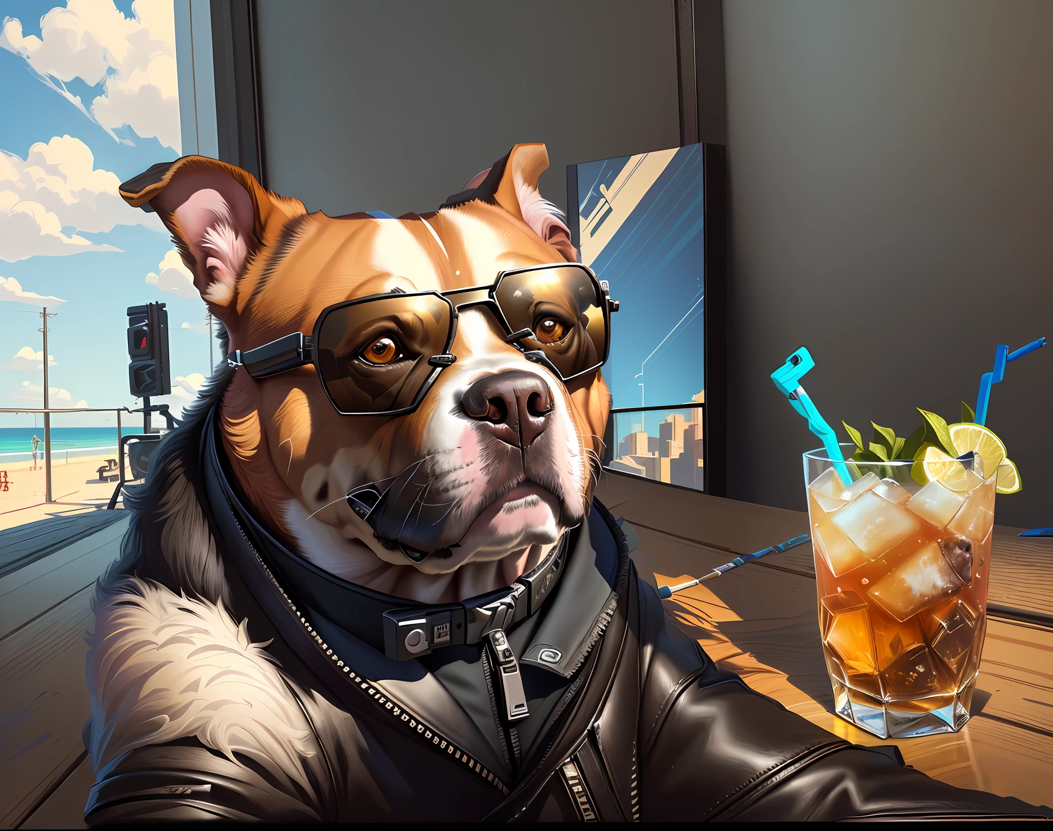 painting of a dog with sunglasses and a drink on a table, winston from overwatch, digital painting highly detailed, cyborg - pitbull taking a selfie, stunning digital illustration, highly detailed digital painting, by Aleksander Kotsis, in style of digital illustration, highly detailed digital artwork, style of gta v artworks, detailed portrait shot, high detailed illustration, highly detailed illustration