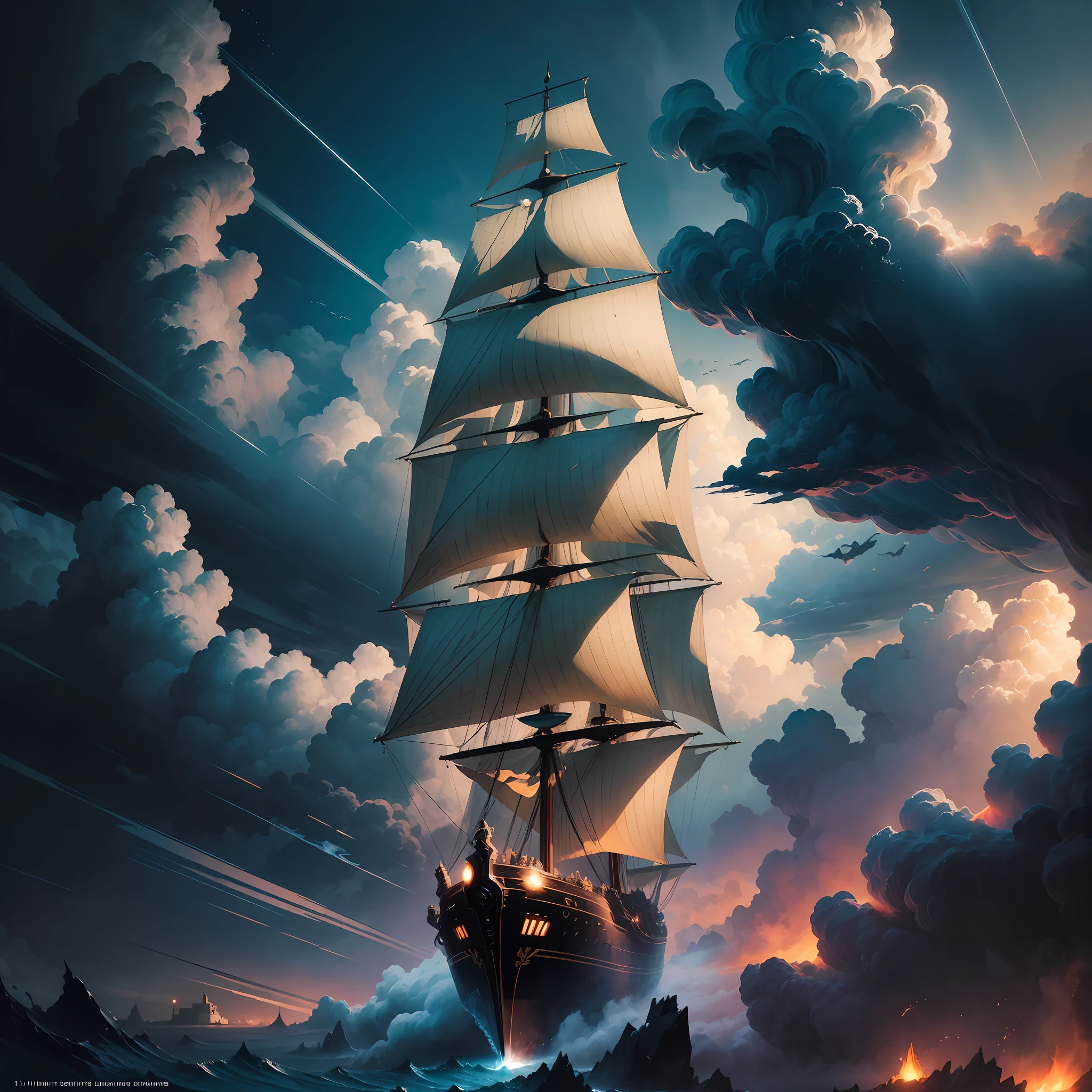 Light field photography, Frigate, cozy warm 17th century top of the clouds, ultra high quality, luminism, maximalism, art by Ivan Aivazovsky