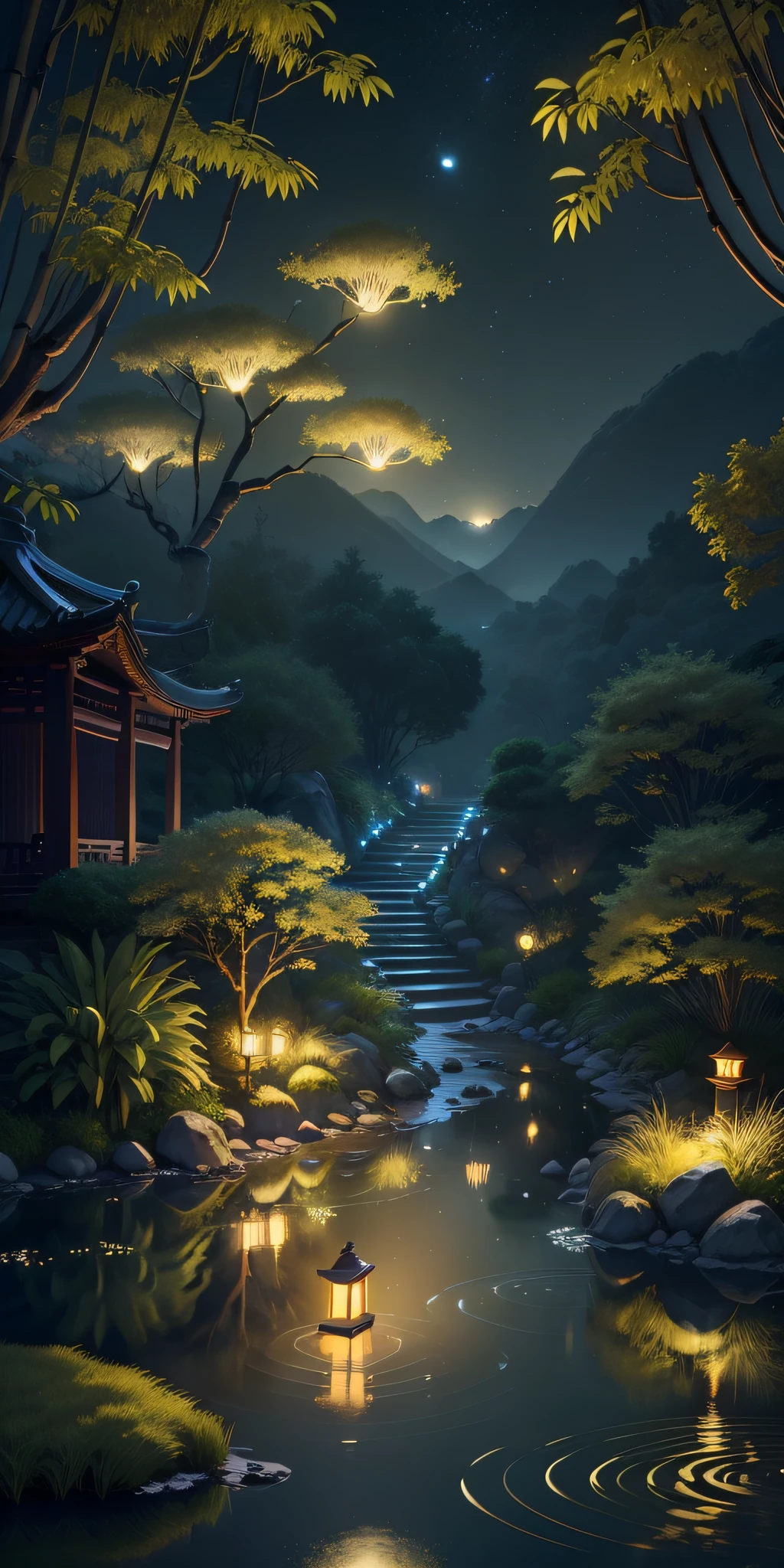 Masterpiece, best quality, (very detailed CG unity 8k wallpaper), (best quality), (best illustration), (best shadows), luminous sprite, ((ancient Chinese architecture)), mountain, stream, clear water near the lake, yellow moon reflected in the water, natural elements in a forest theme. night bamboo Mysterious forest, yellow fireflies in the air, beautiful night forest, pink lotus in water, bamboo, stone steps, stone bridge, night nature surrounded by night flowers, leaves and branches surrounded by fireflies (natural elements), (night blackout), (night dark sky), (night bamboo forest theme), (yellow grass), (leaves), (branches), (yellow fireflies), (particle effects), 3D, dark background, Octane rendering, ray tracing, super detail, night, moon