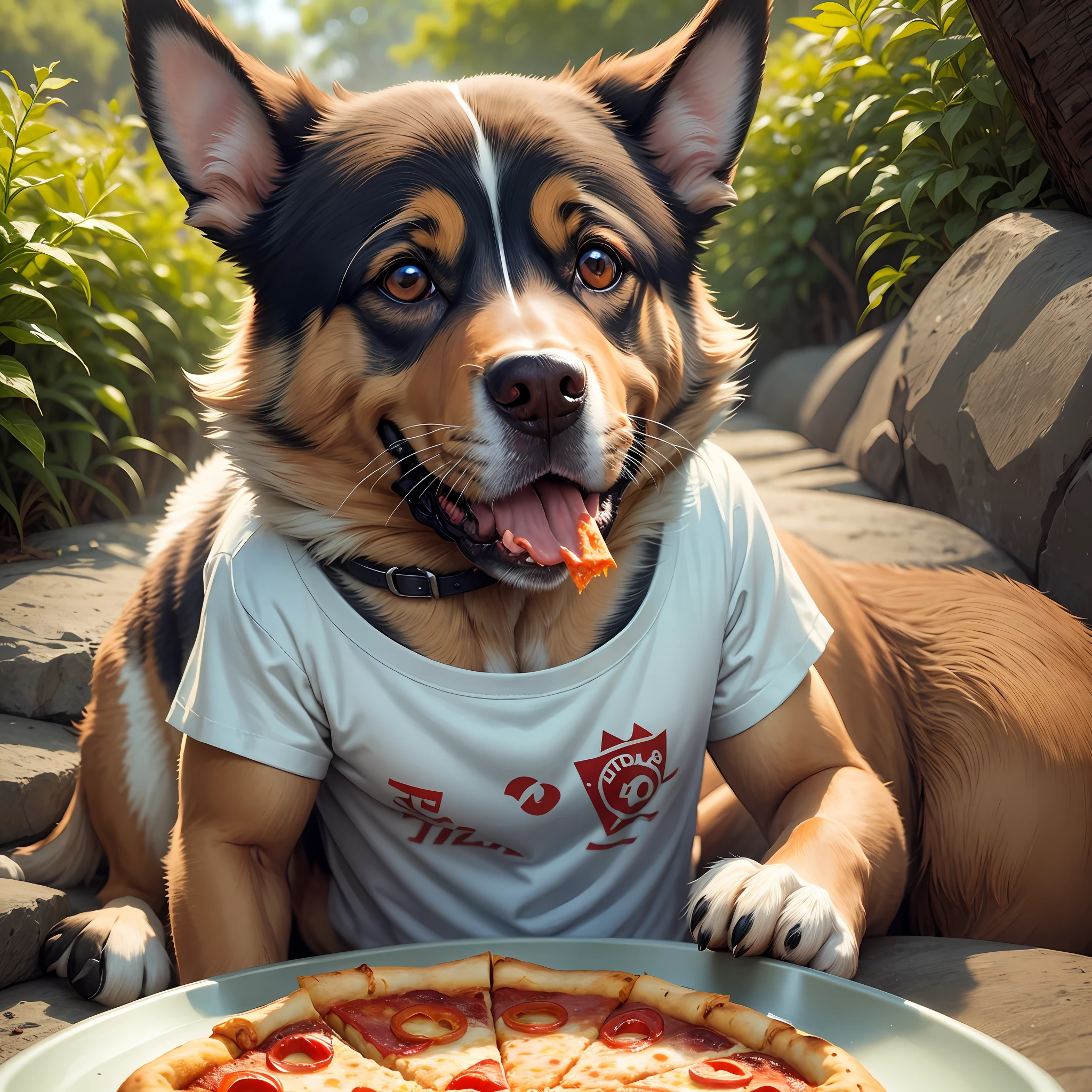 a photo of a dog in a T-shirt eating pizza --auto --s2