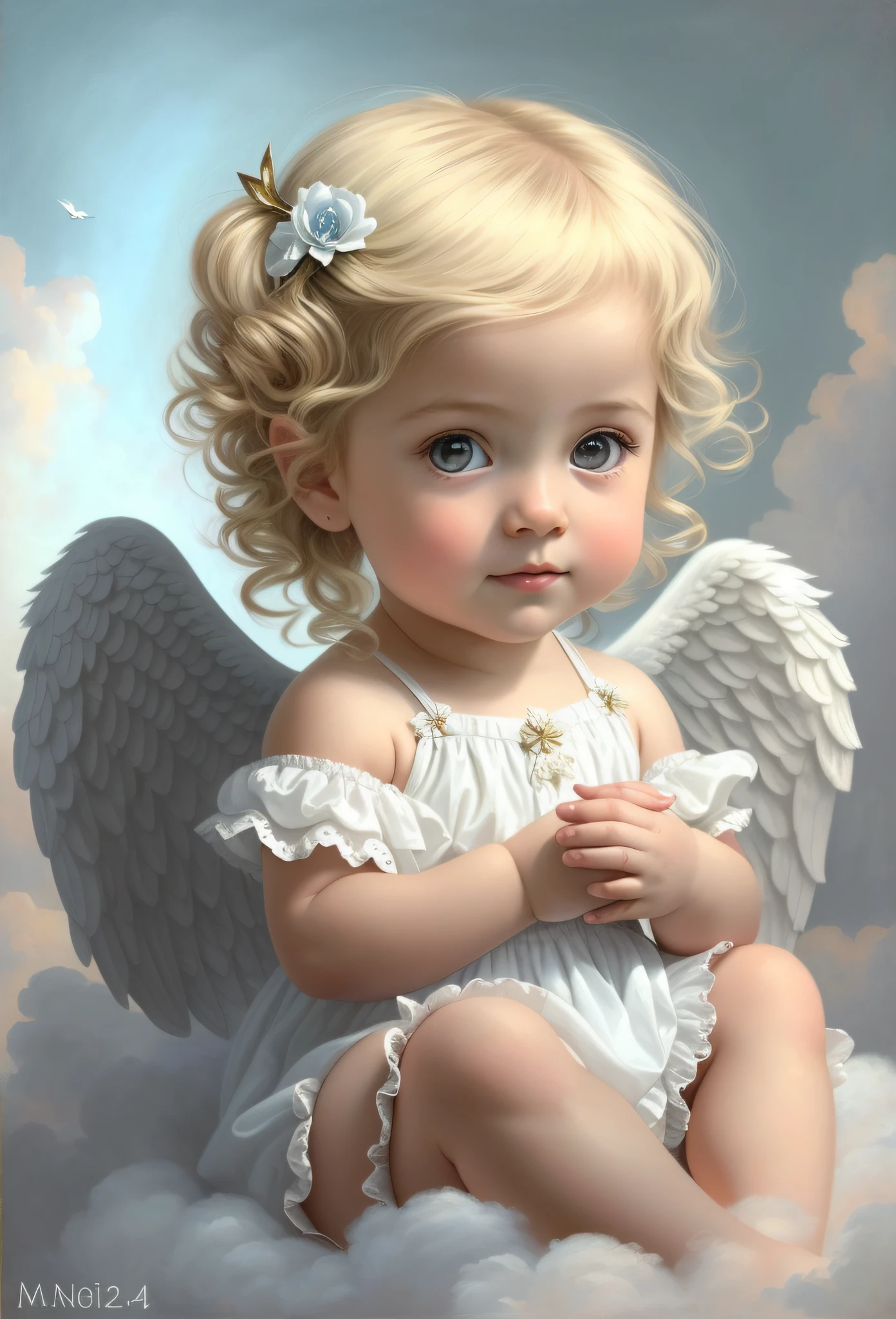 painting of a with angel wings sitting on a cloud, beautiful angel, of beautiful angel, of an beautiful angel girl, portrait of a beautiful angel, angel girl, adorable digital painting, beautiful angel girl portrait, angel, angel-themed, cherub, full of paintings of angels, angelic face, angelical, angel face, beautiful female angel, angels
