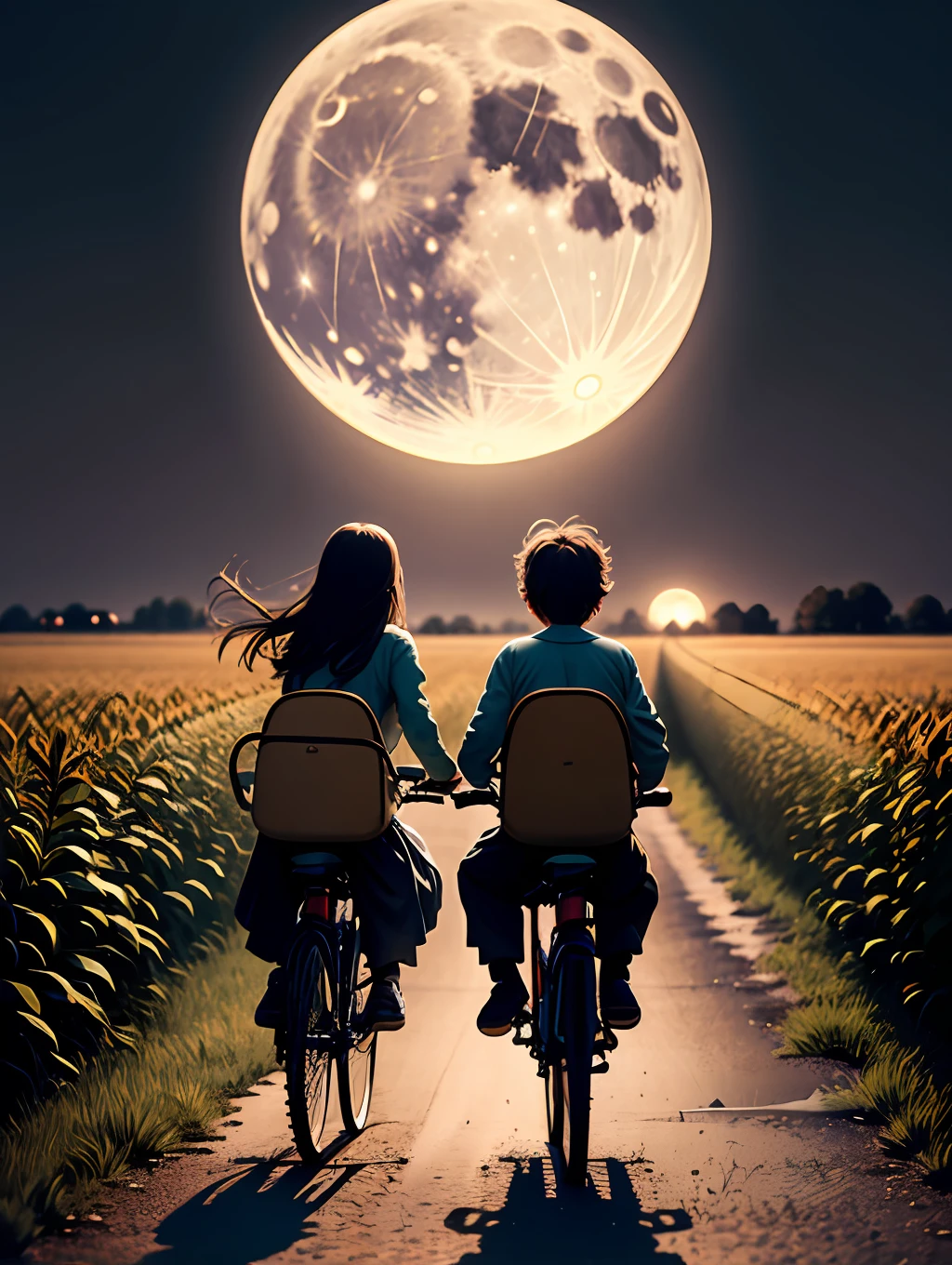 Two children mounted on their bicycles, pedaling towards an abandoned house, surrounded by a vast cornfield. The full moon shines in the night sky, illuminating its path and creating a magical atmosphere.