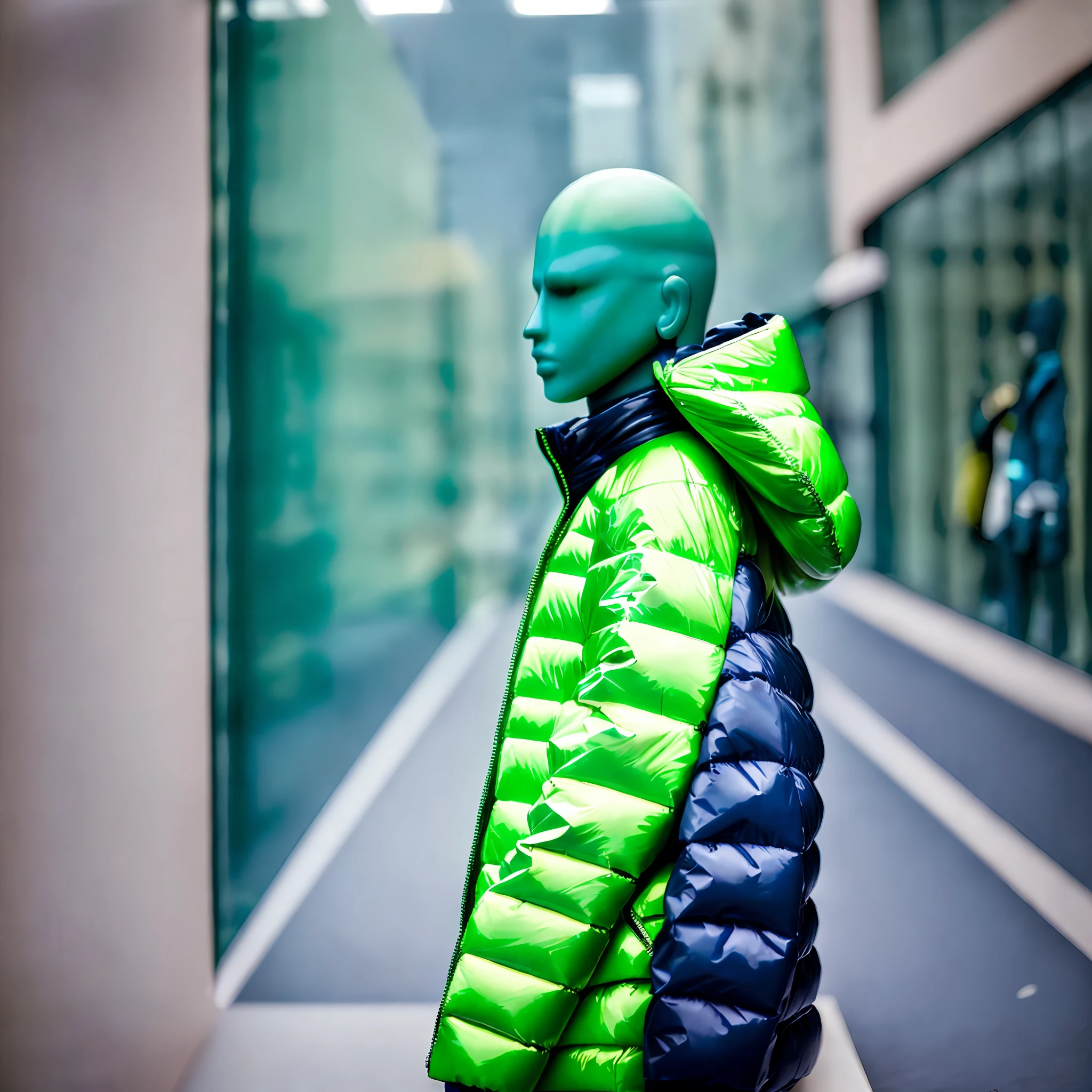 (((an invisible mannequin: 2.5))) wearing(Balenciaga puffer oversized style jacket: 1.5) (green jacket, vivid color), photo essay style photo, product, Best quality, masterpiece, hd.