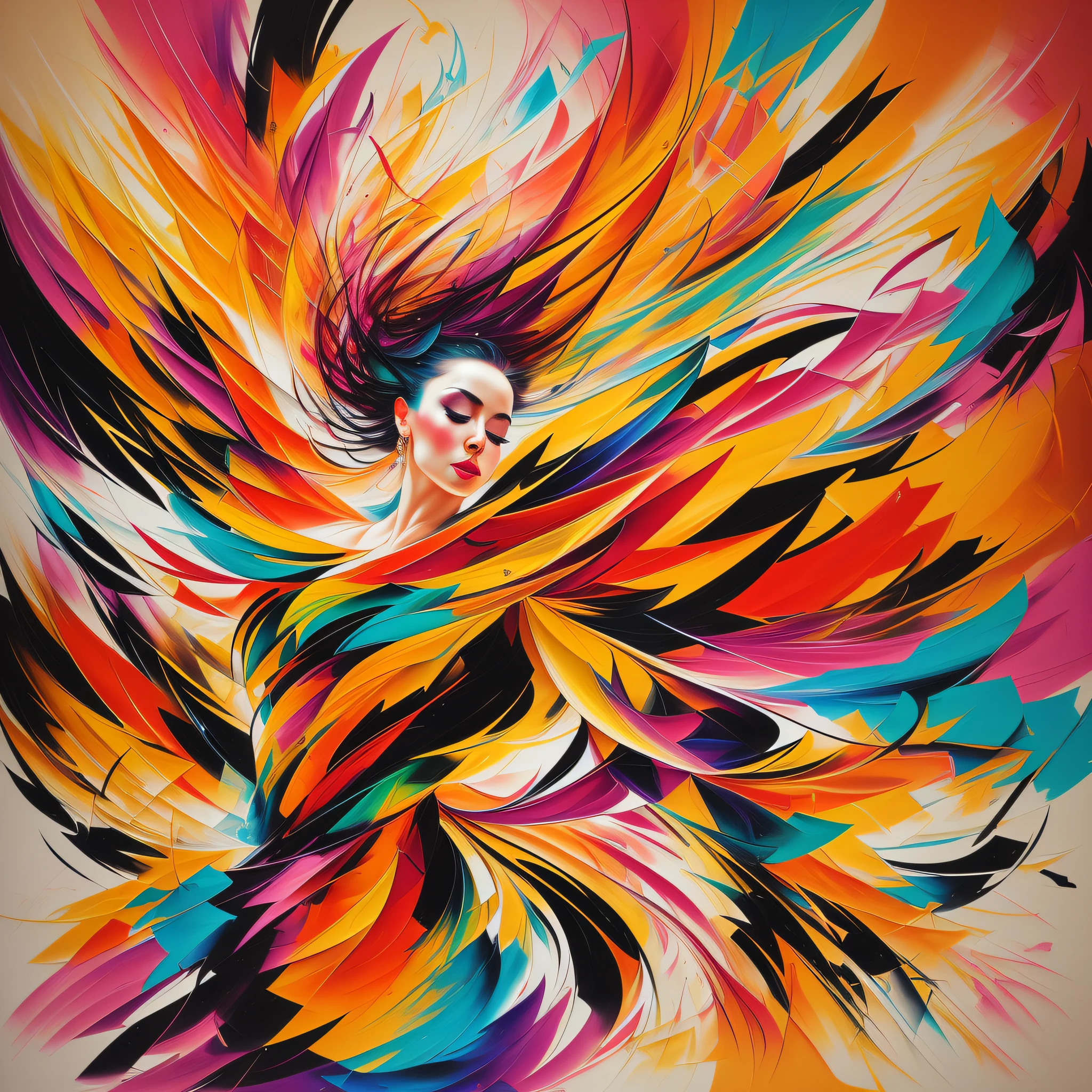"The Energy of Dance": Create a modern-style painting that captures the energy and expression of dance. Use vivid colors, dynamic brushstrokes, and abstract shapes to convey the movement and emotion of the dance. --auto --s2