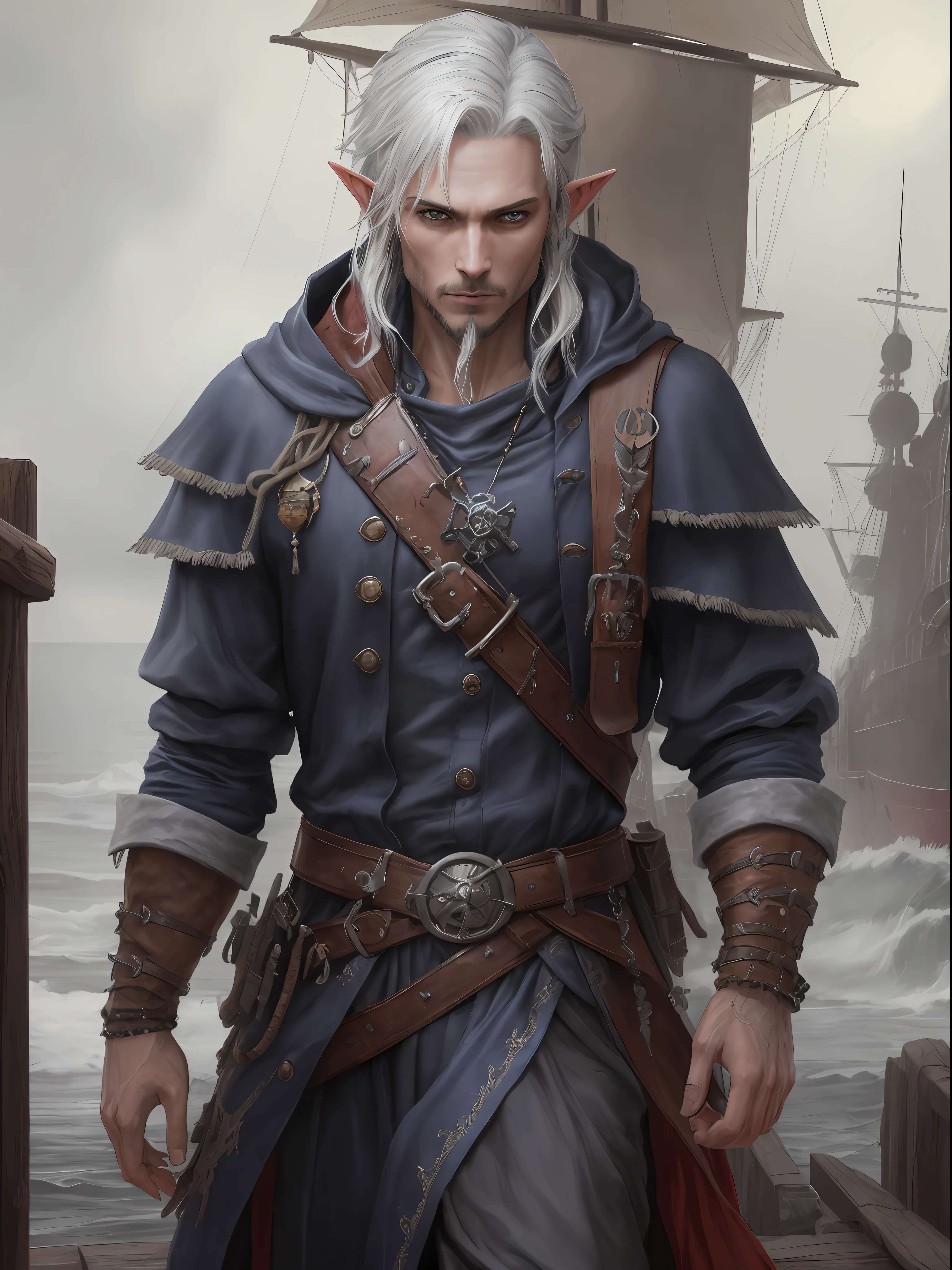 (highly detailed RAW color photo, masterpiece, ultra detailed), (pirate fantasy theme:1.3), (full body:0.9), solo, 1mage male elf, mature, handmade, wise, very thin, short white hair, green eyes, (detailed eyes and detailed face), looking at the viewer, wearing a navy blue sailor uniform with silver details, winter night in the background, standing (aboard a ship:1.1), leather and skin winter cold weather, beautiful night of overcast sky (fog: 1.2) (rain: 1.1) (winter: 1.1) (masterpiece: 1.2) (illustration: 1.1) (best quality: 1.2) (detailed) (intricate) (8k) (HDR) (wallpaper) (cinematic lighting) (sharp focus) (photography, soft lighting of dark sky, soft details, octane, artstation trend, ultra high detail, ultra realistic, cinematic, 16k, digital art, art inspired by Dungeon and Dragons)