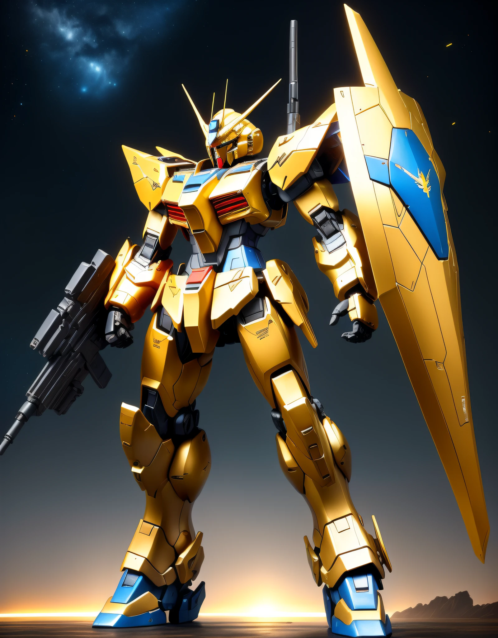 ((a robot with a big gun)), huge robot, ((black gun)), gundam armor, gold paladin, gundam style, mobile suit, yellow blue red mech, gundam is windmill shaped, gundam, gundam robot, golden armor, ((A shield like an airplane wing is attached to the arm)), cool mecha style, anime mech armor, golden armour, look at viewer, Stand in front, (blue armor on the robot chest), ((full body)),