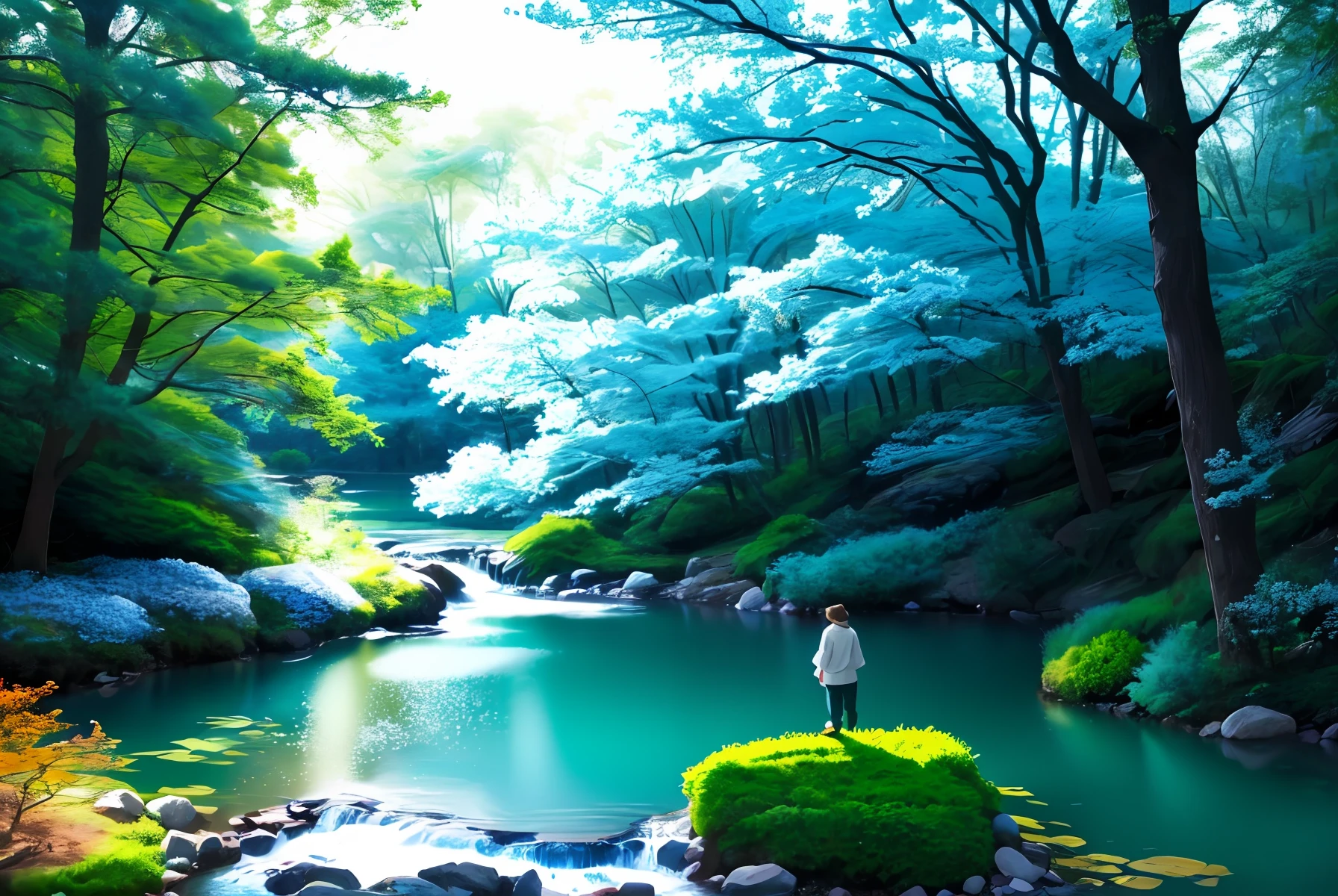 White colored boy, brown hair, adventurer walking in celestial harmony park (white clothing color with blue, ultra hd professional lighting, high image quality) walking through celestial harmony park(super realistic masterpiece) realistic forest with beautiful and charming animals and trees, colors and lights, gorgeous stream(maximum image quality, water flow with ultra real brightness) walk along the creek bank, Brightness and harmony(lovely and lovely environment) Radiant birds and colorful plants, 4K,HDR