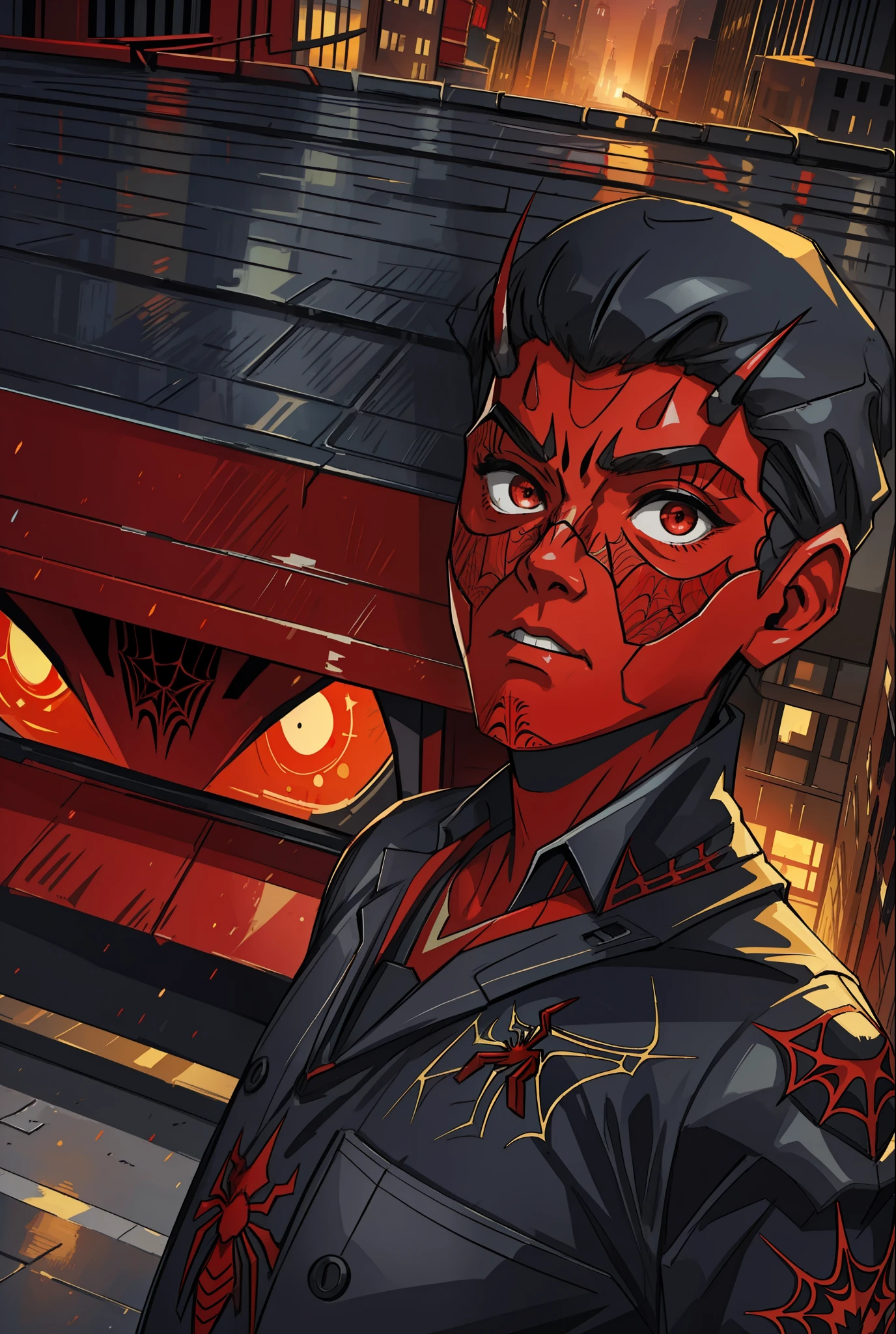 (masterpiece, best quality), intricate details, 8k, artstation, wallpaper, official art, splash art, sharp focus, red eyes,
spider suit, spider web printing, spider web,
skyscrapers, city, buildings, cars, street,