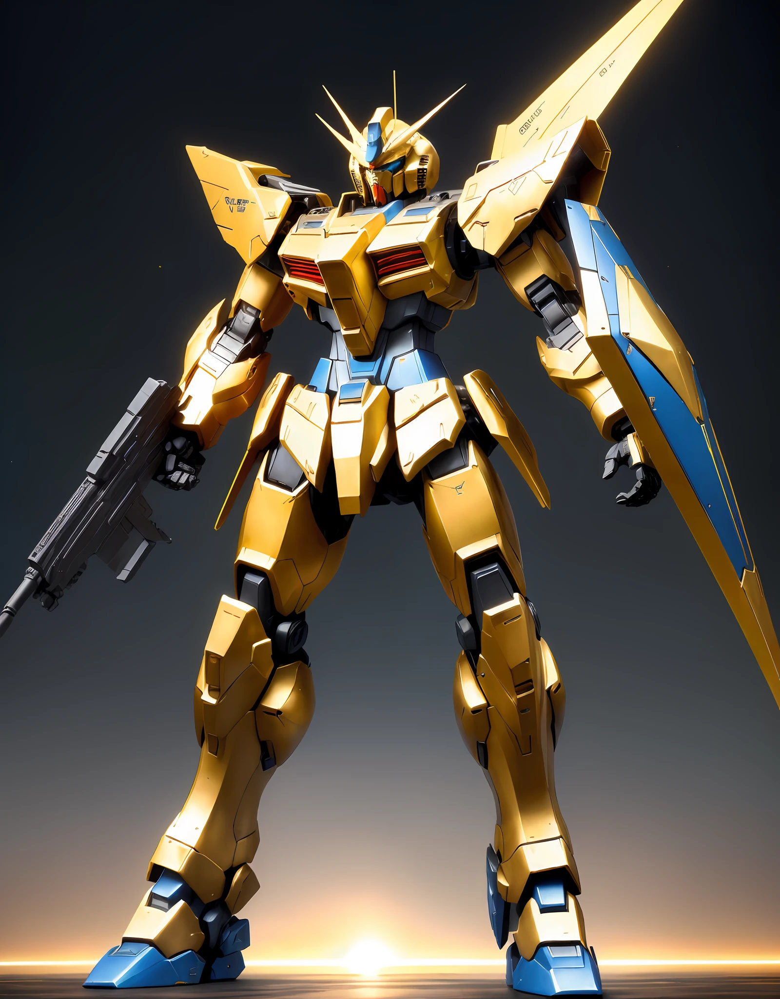((a robot with a big gun)), huge robot, ((black gun)), gundam armor, gold paladin, gundam style, mobile suit, yellow blue red mech, gundam is windmill shaped, gundam, gundam robot, golden armor, ((A shield like an airplane wing is attached to the arm)), cool mecha style, anime mech armor, golden armour, look at viewer, Stand in front, (blue armor on the robot chest), ((full body)),