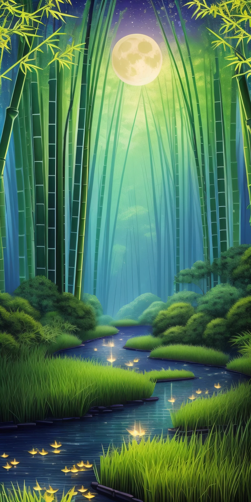 Masterpiece, best quality, (very detailed CG unity 8k wallpaper), (best quality), (best illustration), (best shadows), luminous sprite, ((ancient Chinese architecture)), mountain, stream, clear water near the lake, yellow moon reflected in the water, natural elements in a forest theme. night bamboo mysterious forest, yellow fireflies in the air, beautiful night forest, pink lotus in water, lotuses, bamboo, stone steps, stone bridge, night nature surrounded by night flowers, leaves and branches surrounded by fireflies (natural elements), (night blackout), (night dark sky), (night bamboo forest theme), (glowing grass), (leaves), (branches), (fireflies), (particle effects), 3D, dark background, Octane rendering, ray tracing, super detail, night, moon