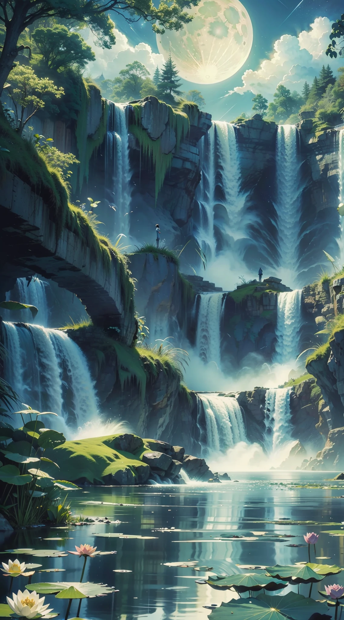 Waterfall, landscape, sparse clouds, a lake with water lilies on the surface, 1moon, night: 1.2, masterpiece, official art illustration, 4k, illustration, creative advertising, super detailed,