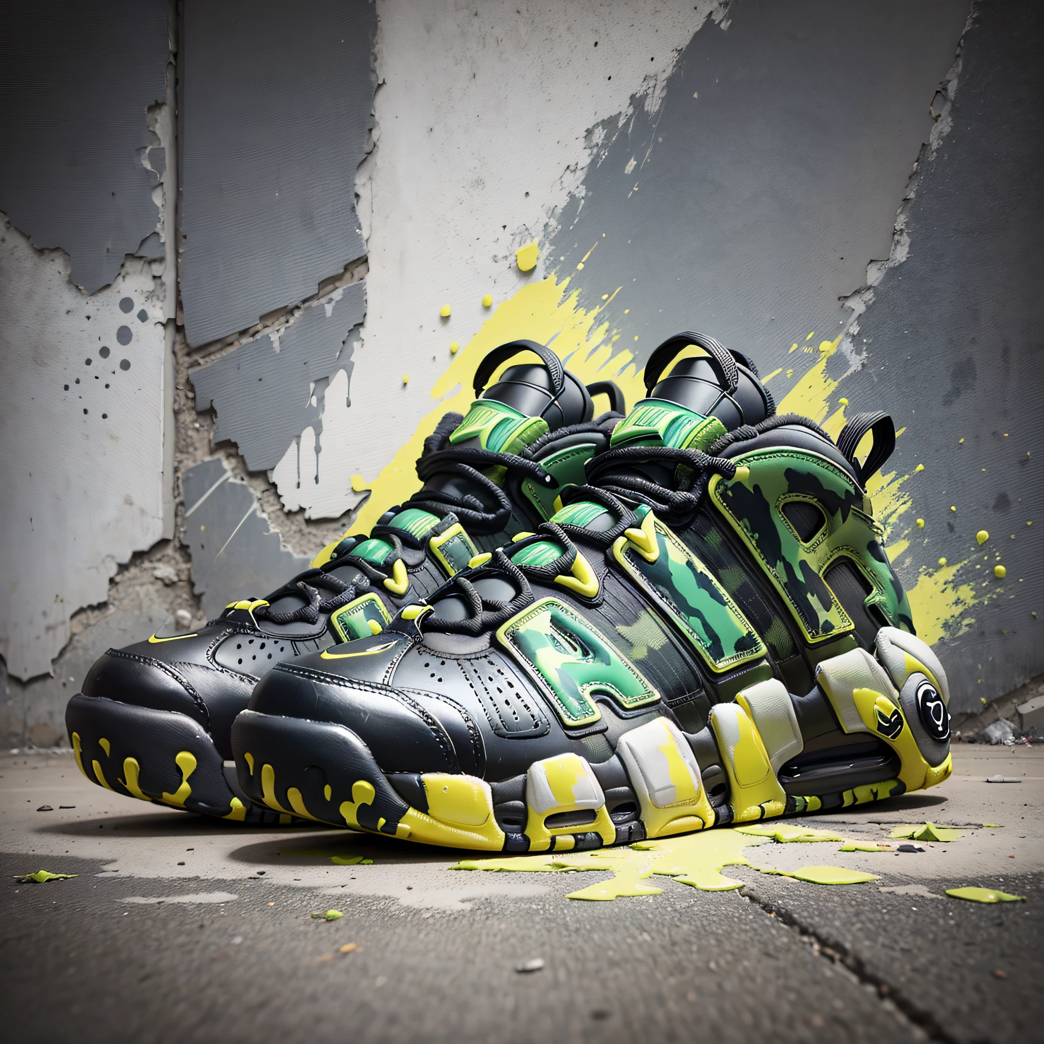 For a bold grime art design on the Nike Air More Uptempo '96 "Dark Pony," experiment with camouflage. Create a design that mixes elements of military camouflage with street elements such as tags and graffiti. Add rough and dirty textures to create an authentic grime look. --auto --s2