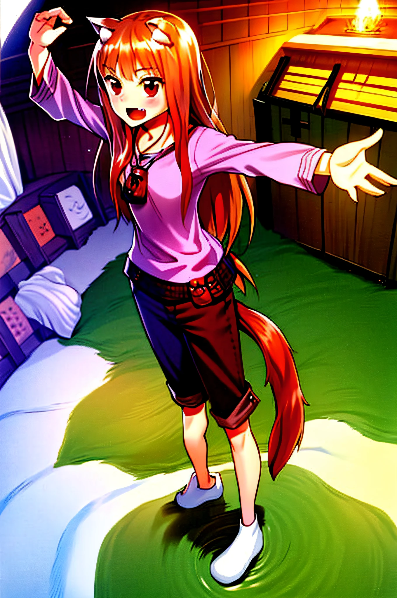 absurdities, best quality, masterpiece, novel illustration, (spice and wolf), (((holo))), (spicy tail), (koume keito: 1), (ayakura juu: 1), (kawakami rokkaku: 1), looking at the viewer, wolf_ears, wolf_girl, wolf_tail, holo, animal_ears, 1girl, long_hair, brown_hair, purple_shirt, alone, blush, bag, fang, anger, red_eyes, open_mouth, arms raised, from the front,