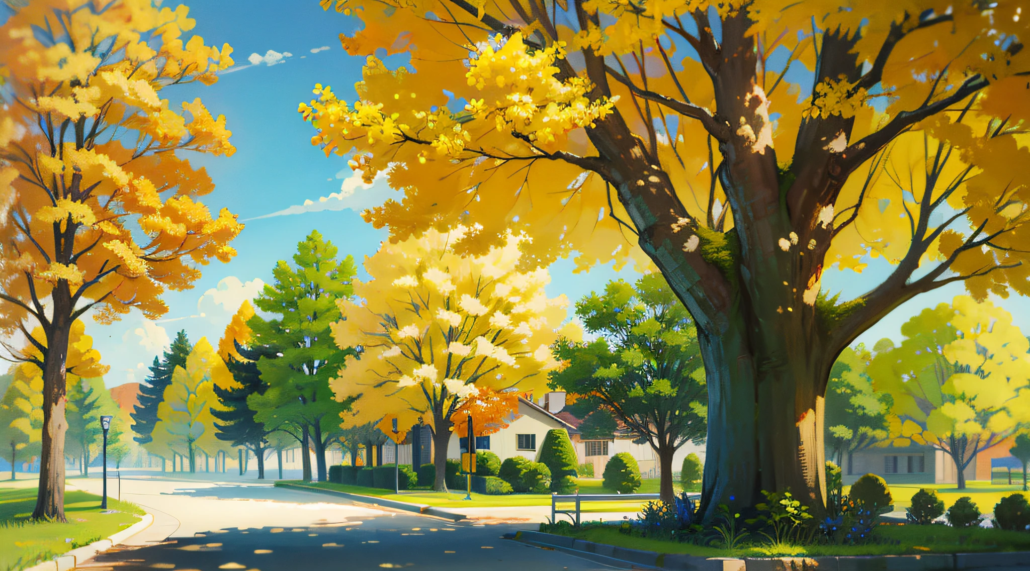park, bank, yellow trees, houses in the background, masterpieces, HD, high quality, best quality, highres, high quality, high details, masterpiece, anime style