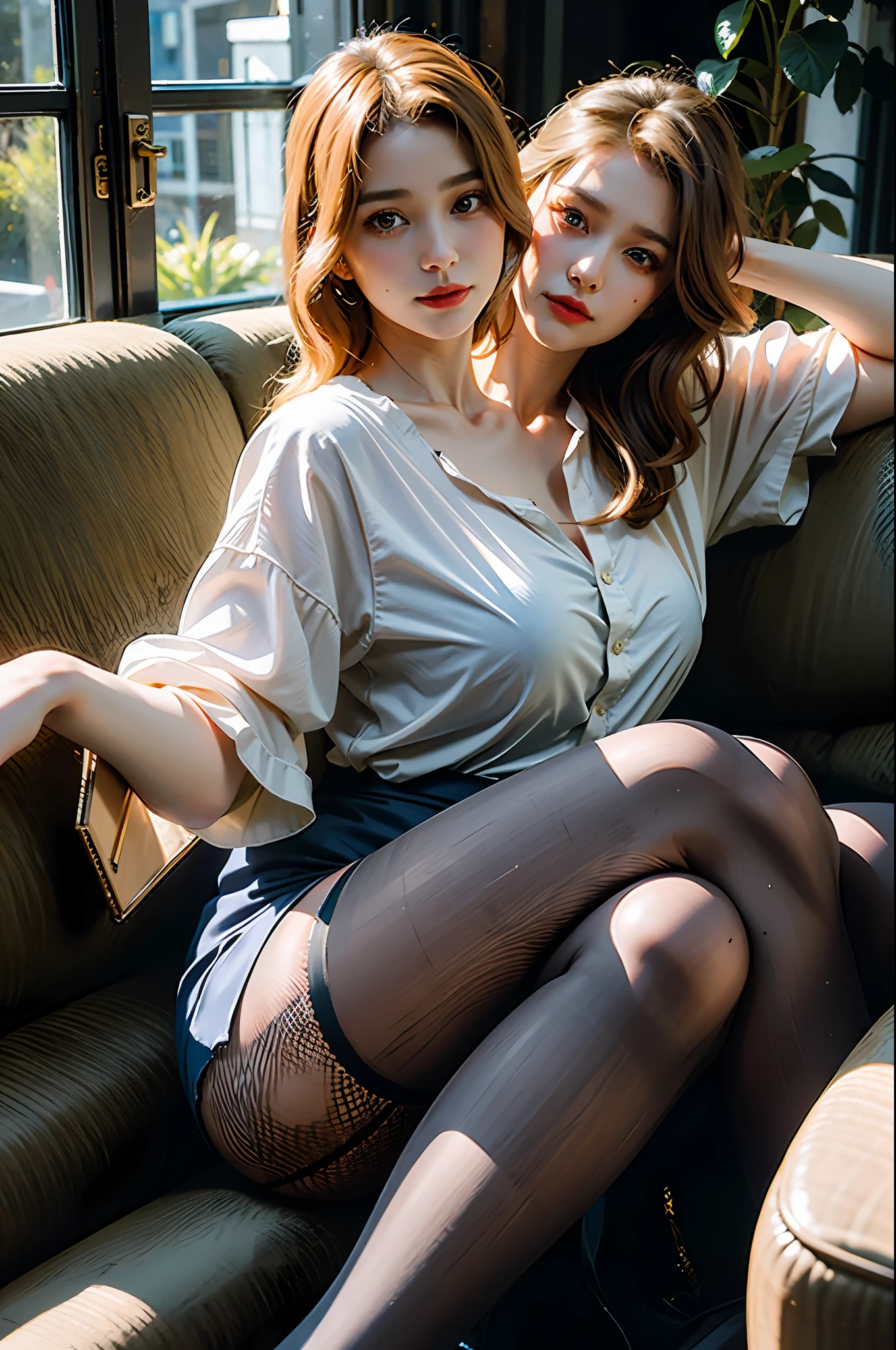 2heads, conjoined twins, no less than two heads, irish, happy,  (oversized_shirt:1.3), oversized shirt that is half yellow  and half red, very thick thighs and beautiful legs, blonde,   woman sitting on a couch with a book and a cell phone, pantyhose tights, tights, tights, white tights covered in stars, wearing stockings, fishnets stockings, pantyhose, stockings, wearing in stocking, nylon tights, ripped pantyhose, fishnets pantyhose, fishnet stockings, fish net stockings, tights skin, silk stockings, crossed legs, flawless light skin, 
good hand,4k, high-res, masterpiece, best quality, head:1.3,((Hasselblad photography)), sharp focus, (cinematic lighting), afternoon, soft lighting, dynamic angle, [:(detailed face:1.2):0.2],(((sitting on a couch))), living room with open window, drink on hand