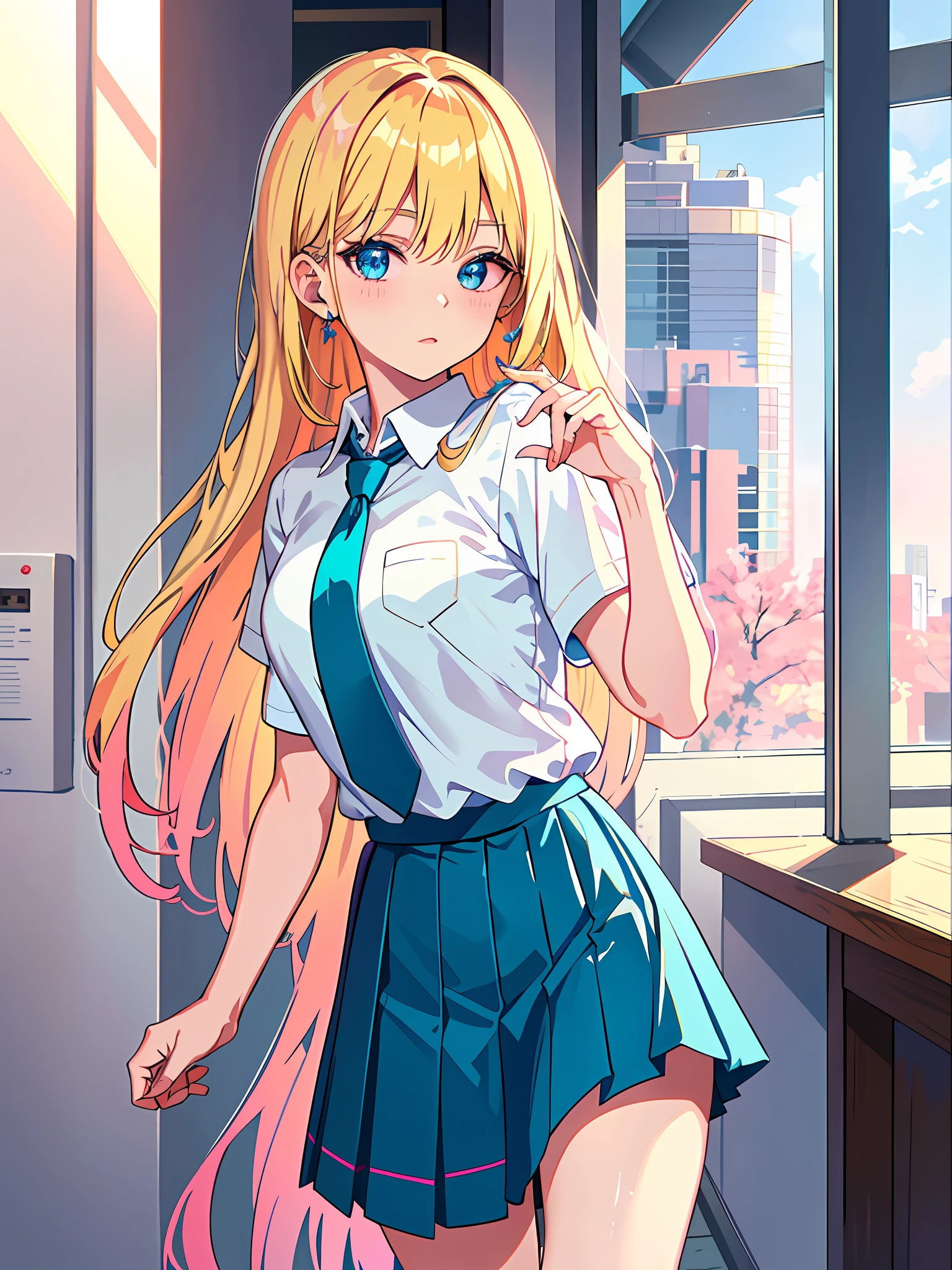 (masterpiece:1.2, best quality), (finely detailed beautiful eyes: 1.2) age 20, solo, female, anime girl, blue eyes, shining eyes, blonde hair and pink highlights, standing straight, teal and white shirt and tie, skirt